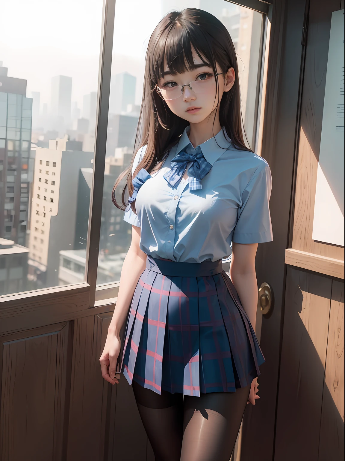 (8K、Raw photography、top-quality、masterpiece:1.2),watching at viewers,Looking at the front,side poneyTail,Bullish,Muchimuchi,Erotic,Pupils,Light Blue Bra,de pele branca,kne,(Black pantyhose),absurderes,a small face,small tits,flat breast,Parting the bangs from the middle、Forehead visible,(a cold expression,Tight eyes,glares,Bullish,skinny,Rasping,irate)、masterpiece,top-quality、超A high resolution,Raw photo,ren,Beautiful fece,One Person, 独奏,eye glass,,Dark look,Small breasts,fullllbody,Round glasses、cute little、Back to Student,JK school uniform,hi-school girl,A Japanese Lady,is standing,(Photorealsitic:1.37)、Photon mapping,Realistic、Cute little face,Brown-eyed、Black socks、(Red bow tie)、Radio City、Physically Based Rendering、Foreground、depth of fields、Blurry background、a picture,The girls、Body,beauty legs, Long legs, Thin leg,Tie your hair into one strand on your chest,(Bangs are visible), hair, s lips, Blue_The eye, nosesoft,(Light blue shirt), (Navy and blue and white plaid pleated skirt), Knees are visible,Sheer clothing,, Thigh, Black cotton socks,Nogizaka Idol, 女優, Japanese ido