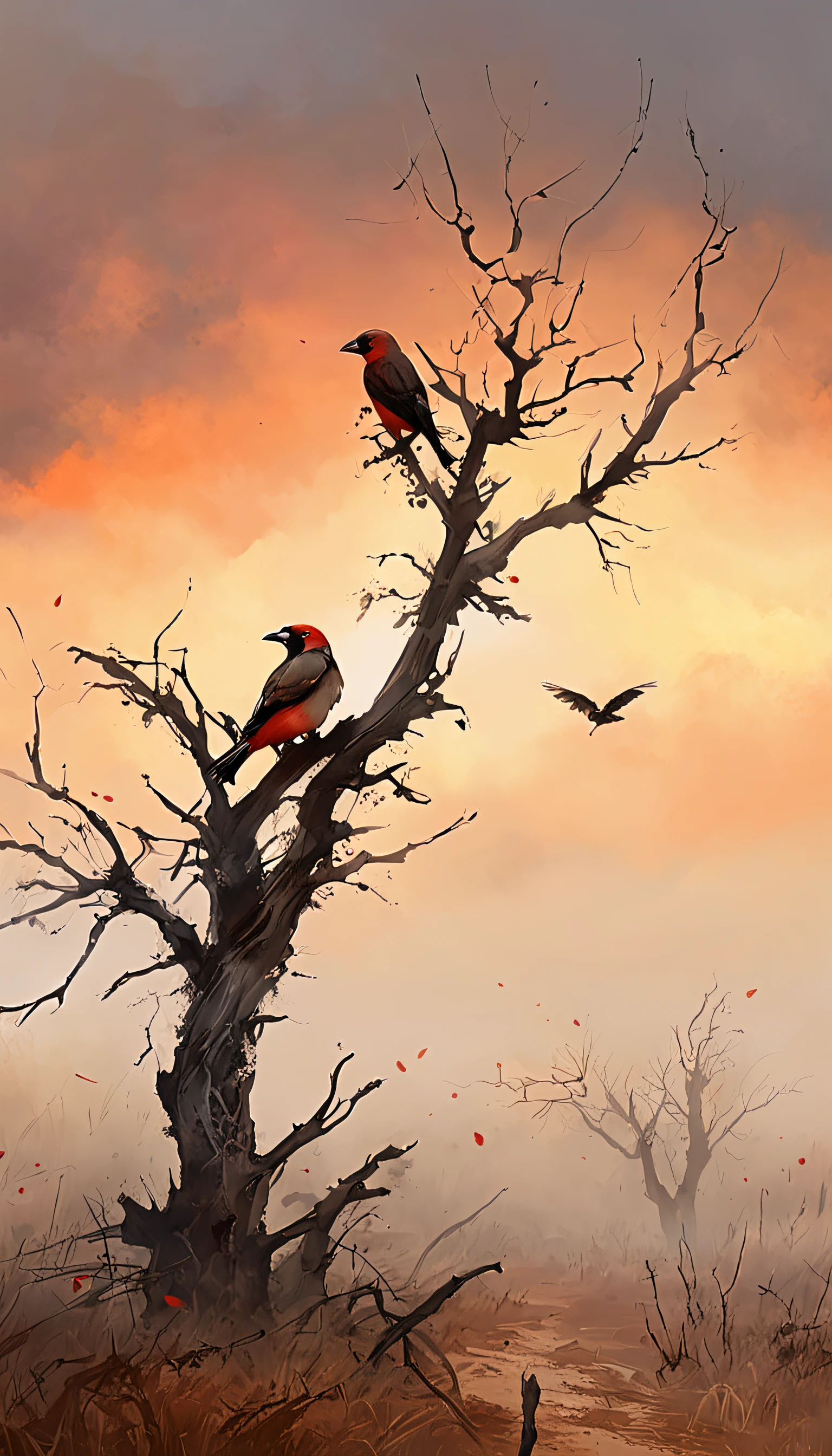 Two sparrows on a dead tree, thick fog on the ground, Red light on the horizon, unreal enginee 5, Cinematic, low angle photo, Motion Blur, depth of fields, Dust, Splash Art, Drip paint. Perfect color grading. Influence of Karel Appel and Jeremy Mann, Lots of dramatic and threatening scenes, ultra-detailliert, Beautiful, insanely detaileda, Intricate details, Editorial Photography, Shot with a 50mm lens, depth of fields, Tilt Blur, Shutter Speed 1/1000, F/22. Lightmaps, Super bright