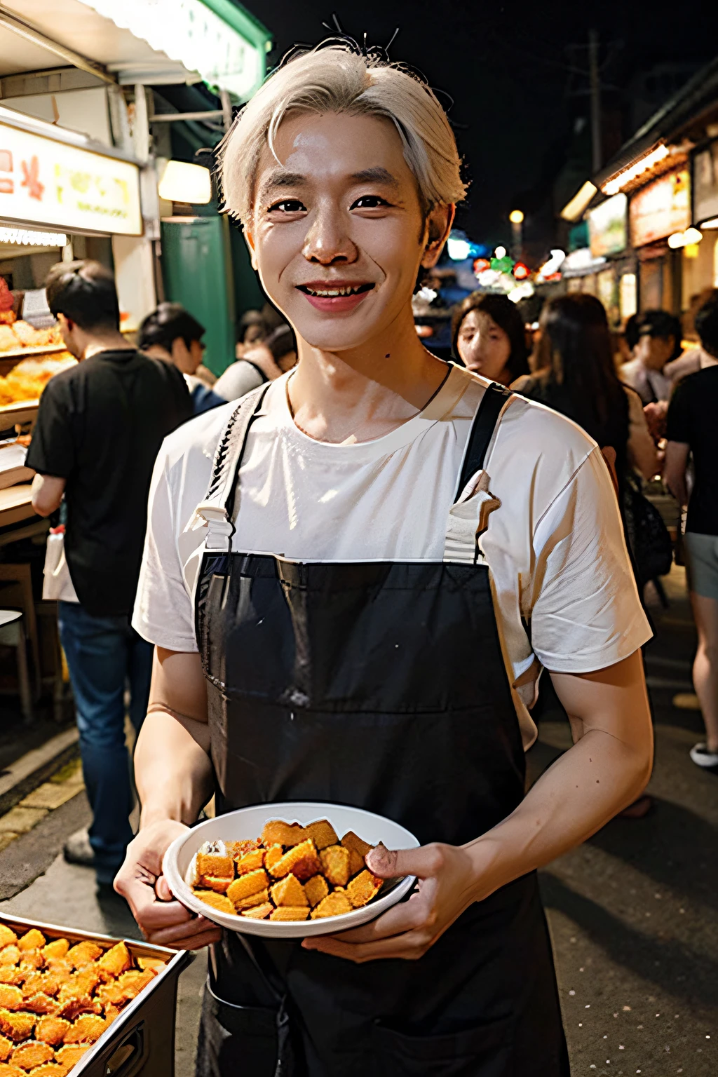 1. **Kevin Lee (Lee Joon-hye / Lee Joon-hye)**
Taiwanese man in his 80s。at the night market「Sweet potato balls」Owns a store of。white hair。Wearing an apron。Friendly smile。short-haired with movement。