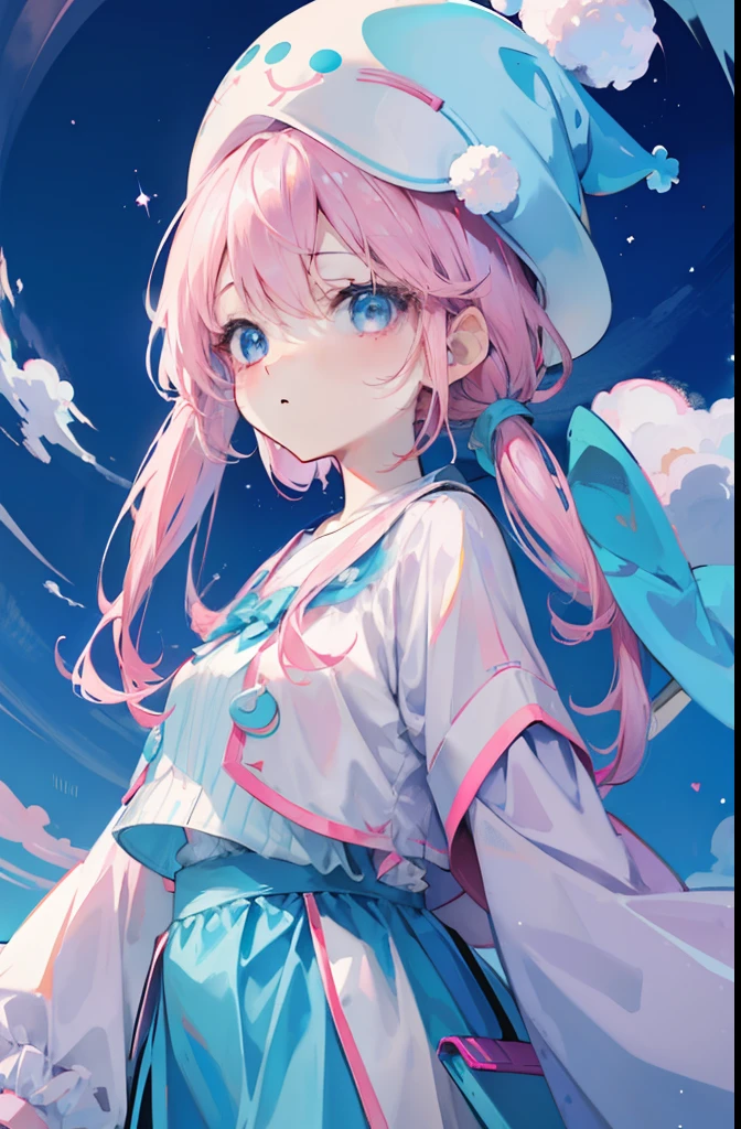 light pink colored hair,Light sky blue magic hat,Pink, white and blue clothes,The overall appearance is milky white,Is a clean,White and flawless,Cute sweet girl