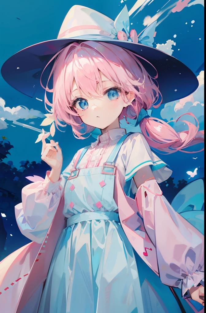 light pink colored hair,Light sky blue magic hat,Pink, white and blue clothes,The overall appearance is milky white,Is a clean,White and flawless,Cute loli sweet girl