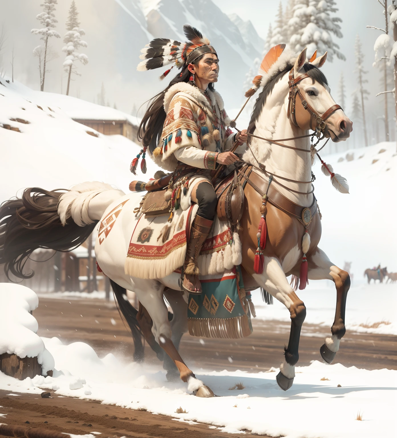 One Native American (Native American only 2 human ears, feather head-dress) looking at camera, riding a horse, horse has one head, one face, four legs, two ears, four hooves, one tale, snowy background scene photo-realism, 24k resolution, hyperdetailed in the style of Doolittle