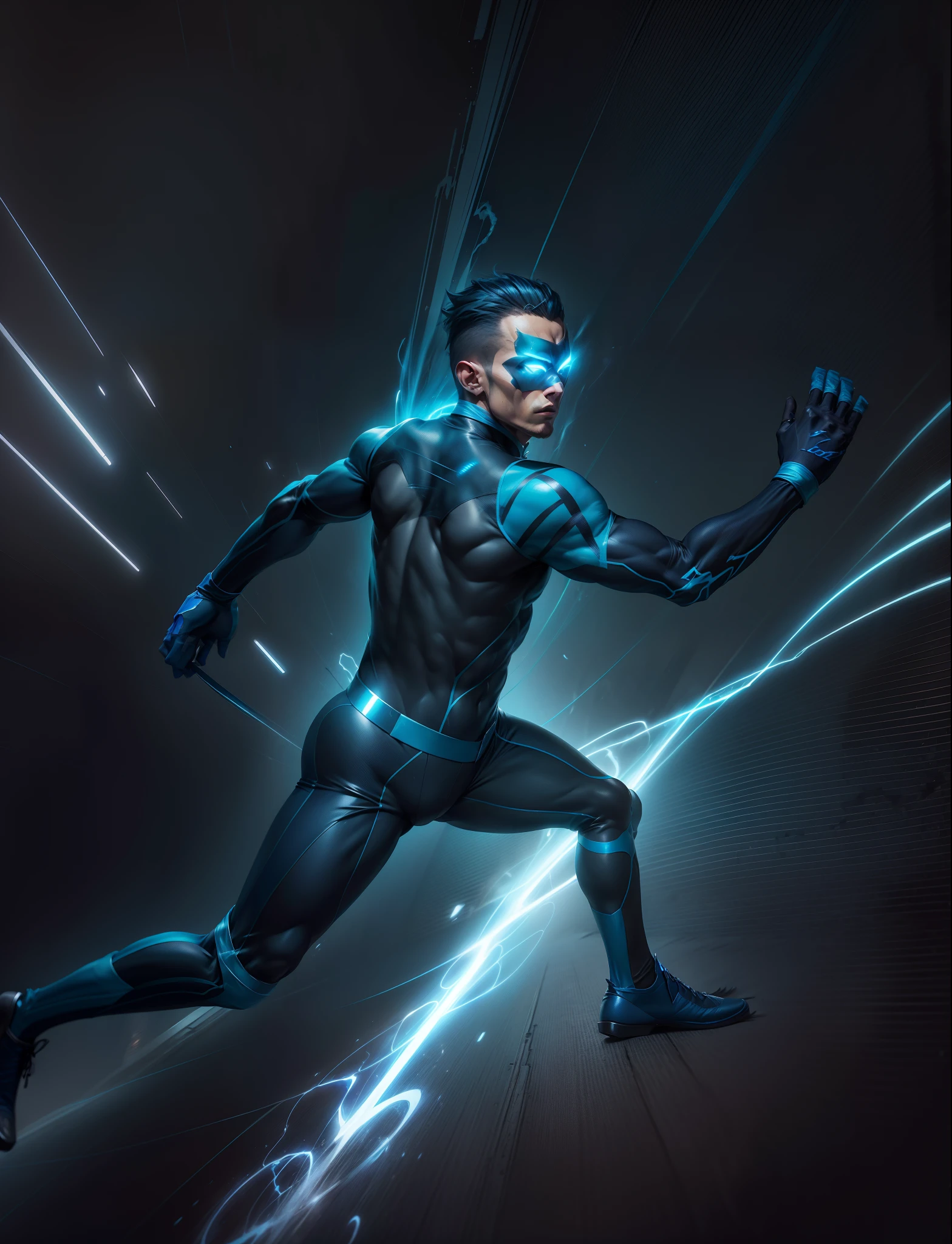 correndo com super velocidade, flashs na roupa, efeitos de luz, efeitos de flash, efeitos de raios, roupa preta e azul, cor azul, raios azuis, home de costas, costas, por tras, traje preto, roupra preta,