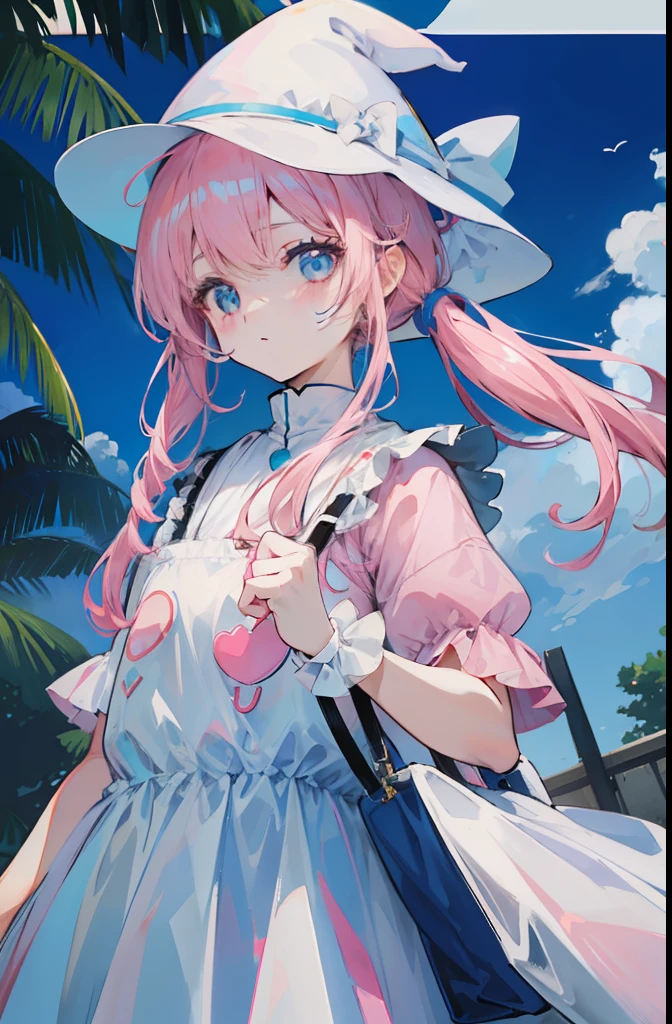 light pink colored hair，Light sky blue magic hat，Pink, white and blue clothes，The overall appearance is milky white，Is a clean，White and flawless，Cute  sweet girl