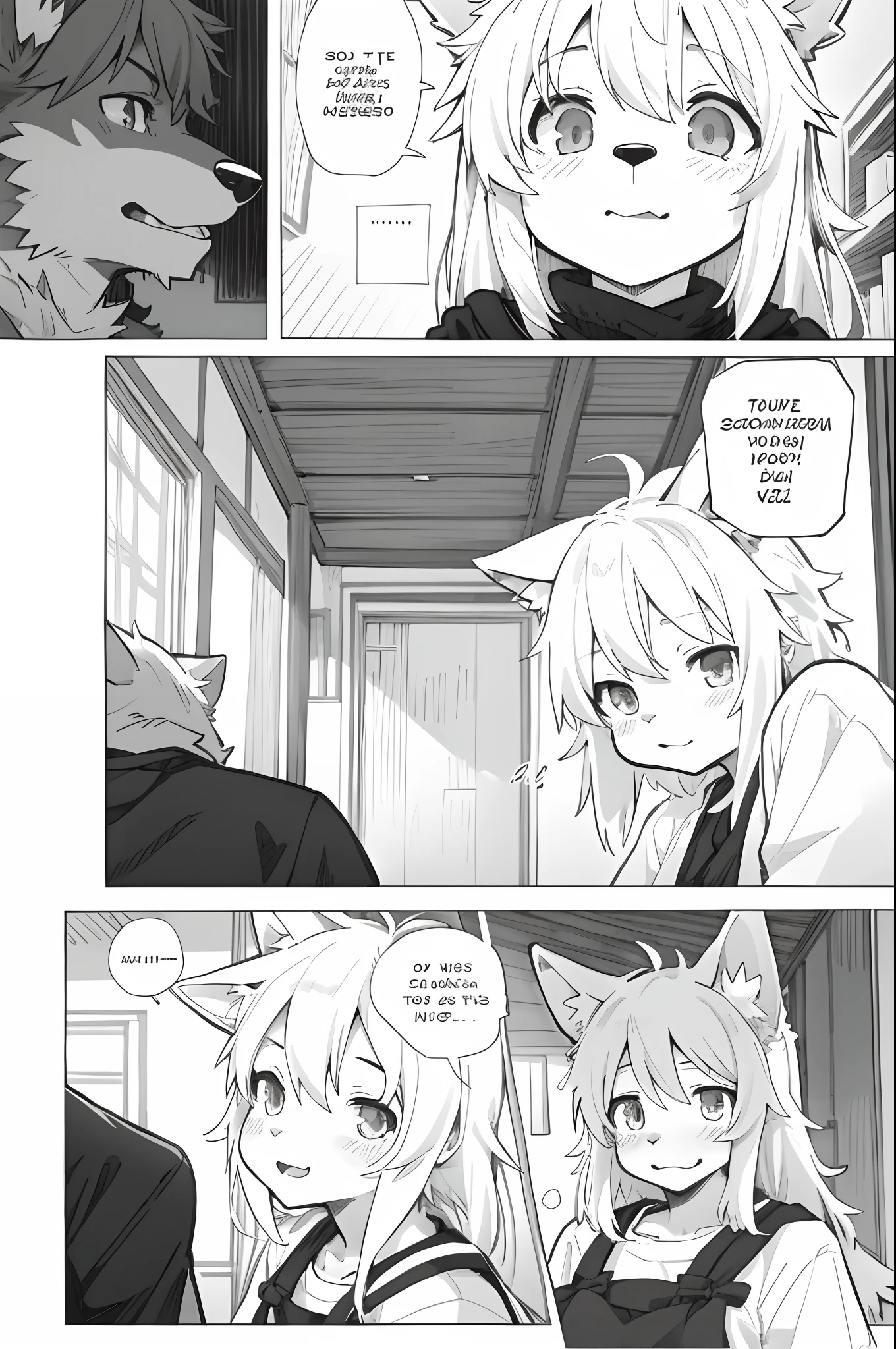 top quality, best quality, highres, masterpiece, indoor, couple of comics(super cute 1girl, 1wolf, kemono, furry anthro)tumblr, sosaku hanga, black and white manga page, manga page, doujin, ddlc, anime, comedy comic, black and white manga panel, zerochan,