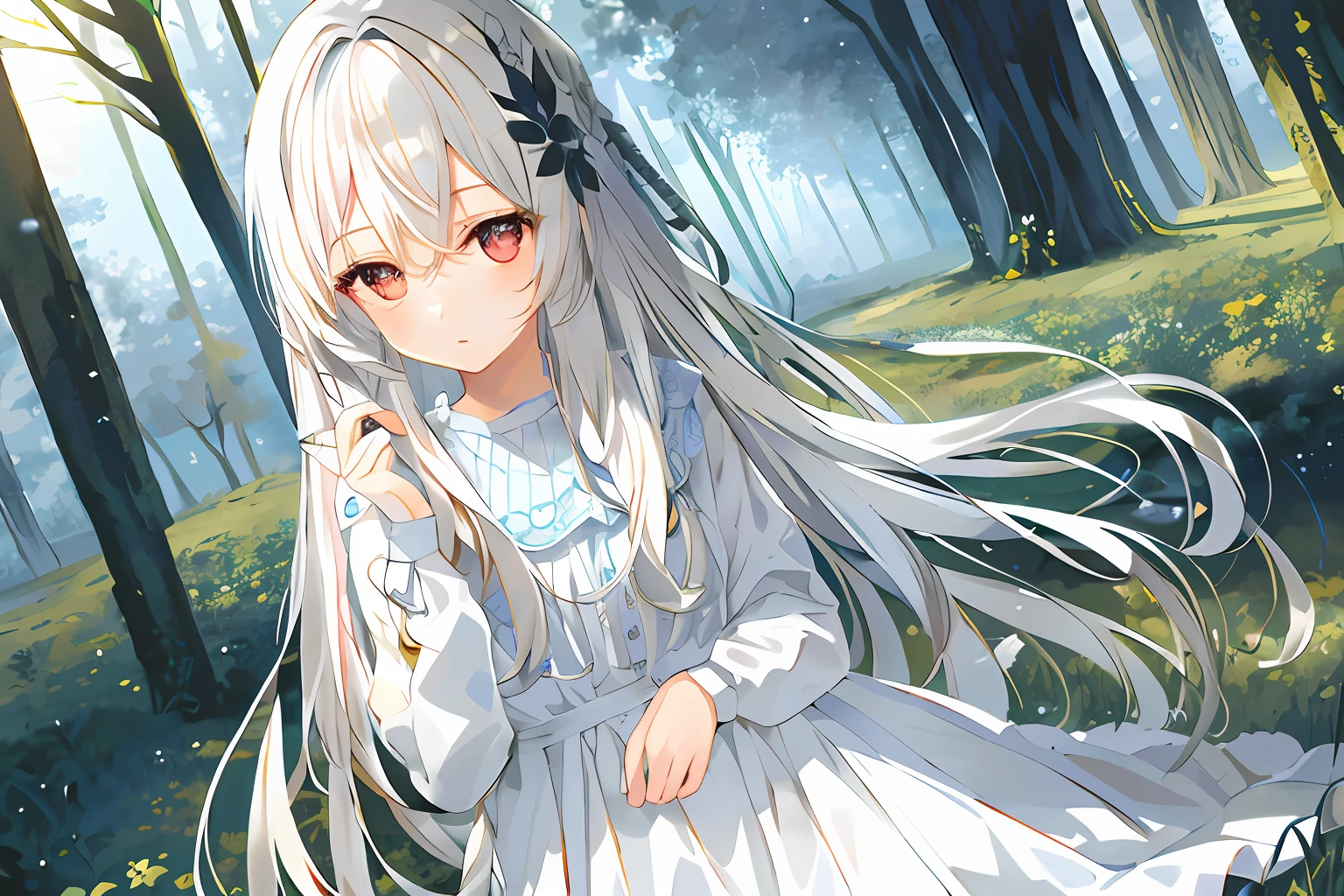 ((tmasterpiece,best qualtiy))++, detailedlight+, Detail hair+, Detail hands+ ,1girll, woman, long whitr hair, Dark red eyes, beautidful eyes, Young gray hair,,,(Beautiful white hair:1.5),(beatiful detailed eyes), A high resolution+,white pajama,white skirt,Glass tones,Reflective eyes,Very detailed wallpaper,primitive,naturey,grassy fields,ln the forest