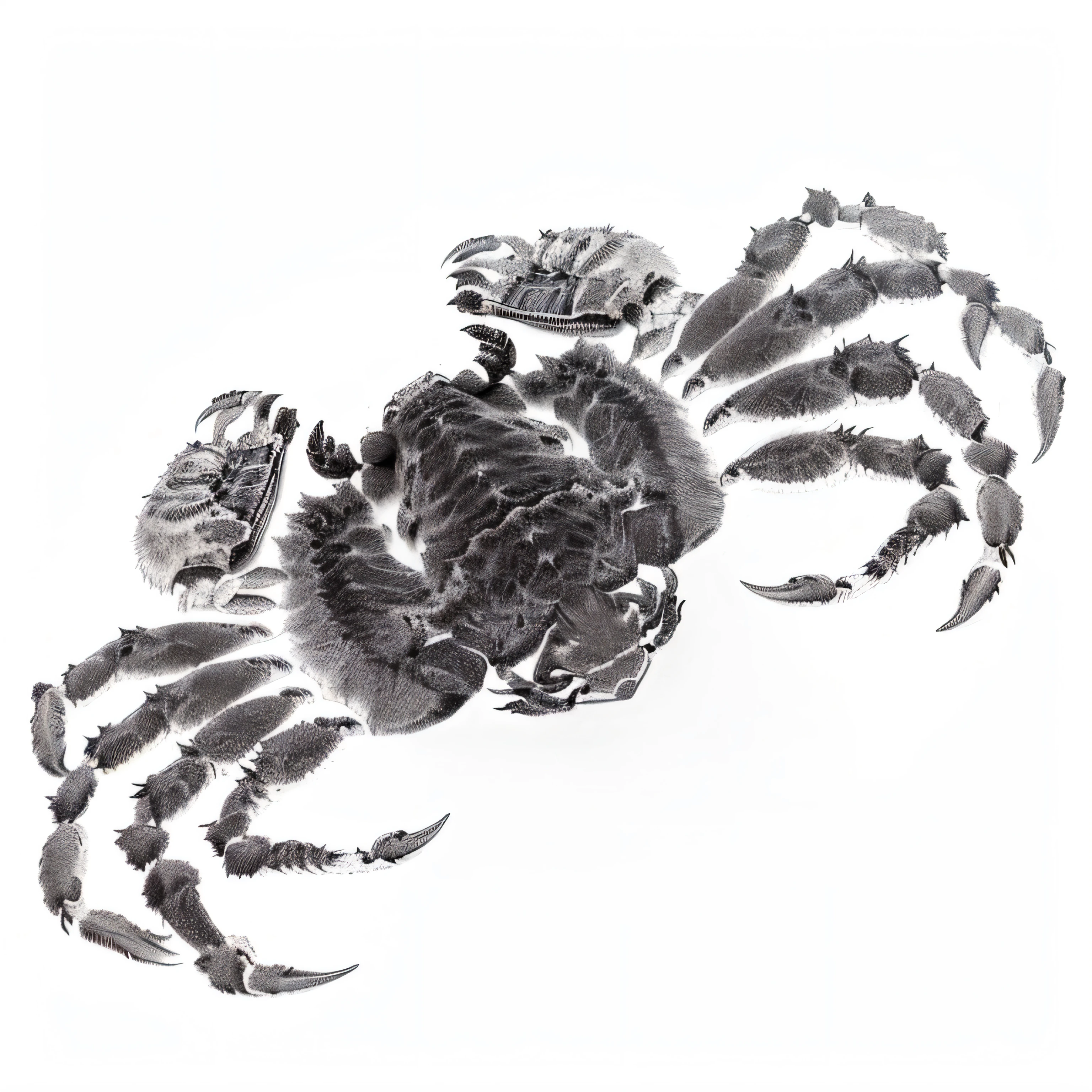 Close-up of a crab drawn in ink on white paper, anthropomorphic crab, tiger - crab creature, momoshiki ōtsutsuki, crabs, crabs, crabcore, elephant - crab creature, crustacean, headcrab, detailed sumi - e illustration, detailed sumi-e illustration, crab monster, 6 claws, Six arms