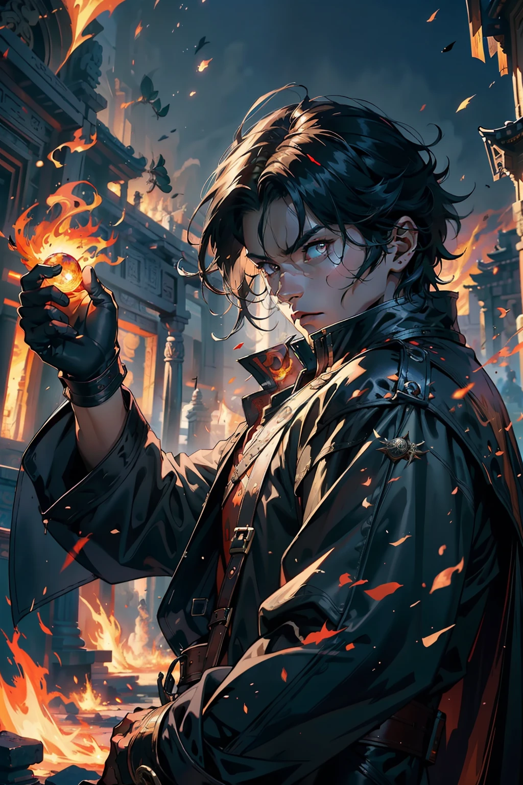((Best Quality)), ((Masterpiece)), ((ultra realistis)), Illustration in the style of a person, holding a fireball in his hand against the background of an ancient temple, Casting a fire spell, looking a viewer, black - haired mage, Swashbuckler, age 30 years, Glowing Eyes Fire Spell, The fire behind him, evil male sorcerer (windswept dust, detritus: 1.1), volumetric fog, mist, ray traced, z, Transmission of bright light from below, (tmasterpiece) (beste-Qualit) (Detailed) (8K) (电影灯光) (sharp-focus)