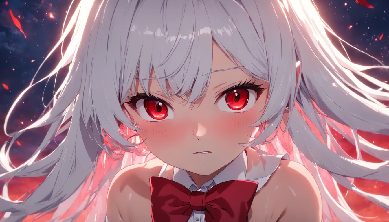 movie still, ((Best quality, 8k, Masterpiece: 1.3)), Sharp focus: 1.2, 1.4, Slim abdomen: 1.2, long white hair, red eyes, big red bow tie on head,  Wet body: 1.1, Highly detailed face and skin texture, sexy, Detailed eyes, floating in the sky, close-up, bright, happy, warm soft lighting, sunset, (sparks:0.7)