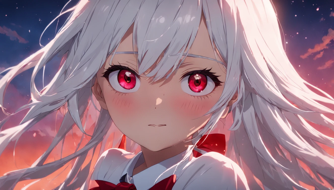 movie still, ((Best quality, 8k, Masterpiece: 1.3)), Sharp focus: 1.2, 1.4, Slim abdomen: 1.2, long white hair, red eyes, big red bow tie on head, Wet body: 1.1, Highly detailed face and skin texture, sexy, Detailed eyes, floating in the sky, close-up, bright, happy, warm soft lighting, sunset, (sparks:0.7)