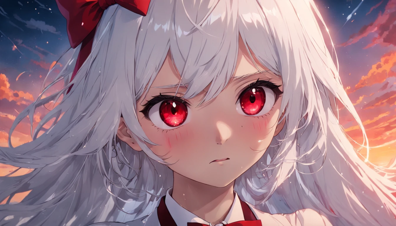 movie still, ((Best quality, 8k, Masterpiece: 1.3)), Sharp focus: 1.2, 1.4, Slim abdomen: 1.2, long white hair, red eyes, big red bow tie on head, Wet body: 1.1, Highly detailed face and skin texture, sexy, Detailed eyes, floating in the sky, close-up, bright, happy, warm soft lighting, sunset, (sparks:0.7)