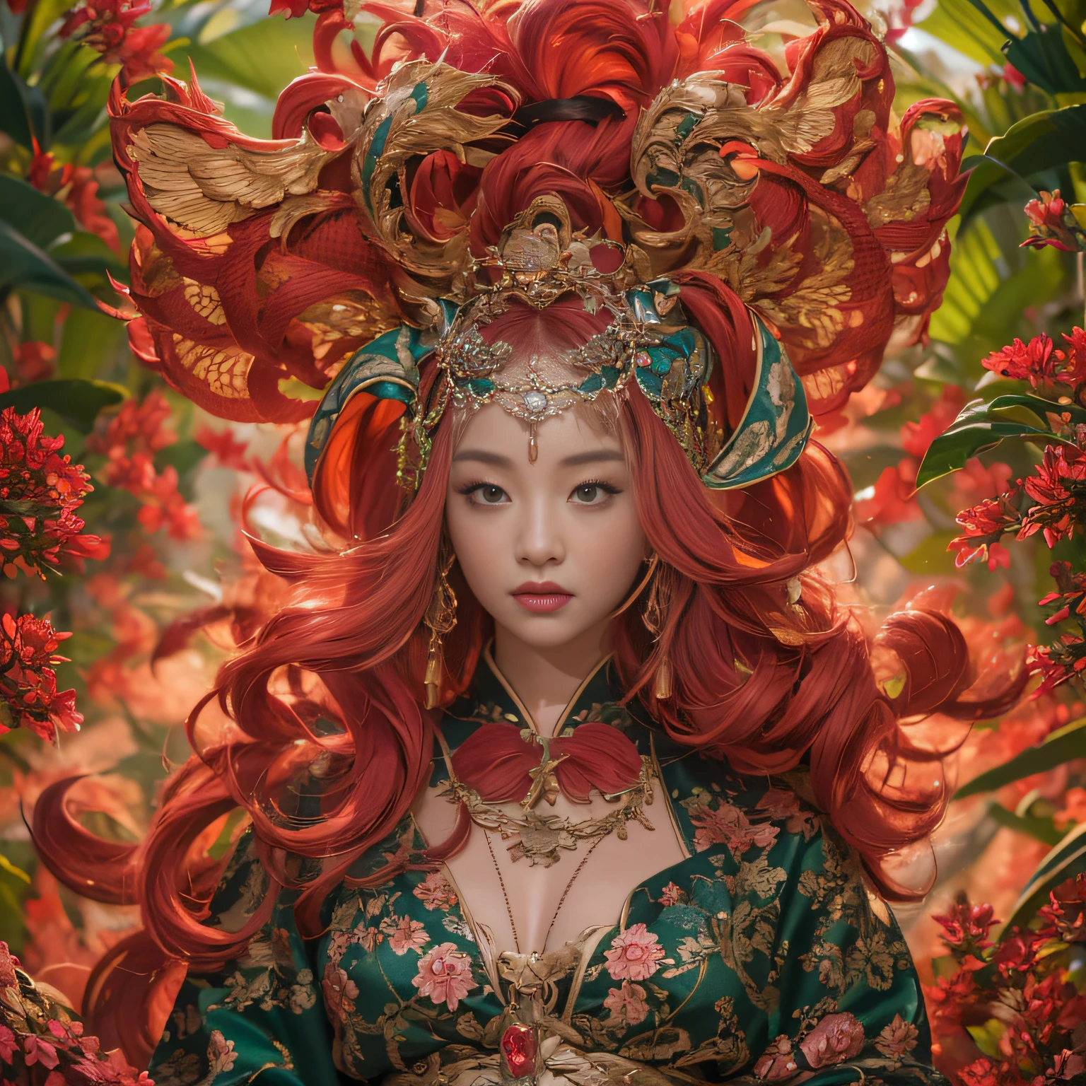 32K(tmasterpiece,k hd,hyper HD,32K)Large curls,Flowing rouge,ponds,zydink, a color, Asian people (Silly girl), (Silk scarf), Combat posture, looking at the ground, Large rolls of rouge, Flowing rouge curls,Red onyx emerald emerald headdress, Chinese long-sleeved black gold garment, (abstract ink splash:1.2), Pink lotus background,Water lily flower protector(realisticlying:1.4),Rouge hair,Autumn is in full swing,The background is pure, A high resolution, the detail, RAW photogr, Sharp Re, Nikon D850 Film Stock Photo by Jefferies Lee 4 Kodak Portra 400 Camera F1.6 shots, Rich colors, ultra-realistic vivid textures, Dramatic lighting, Unreal Engine Art Station Trend, cinestir 800,Large curls,Flowing rouge