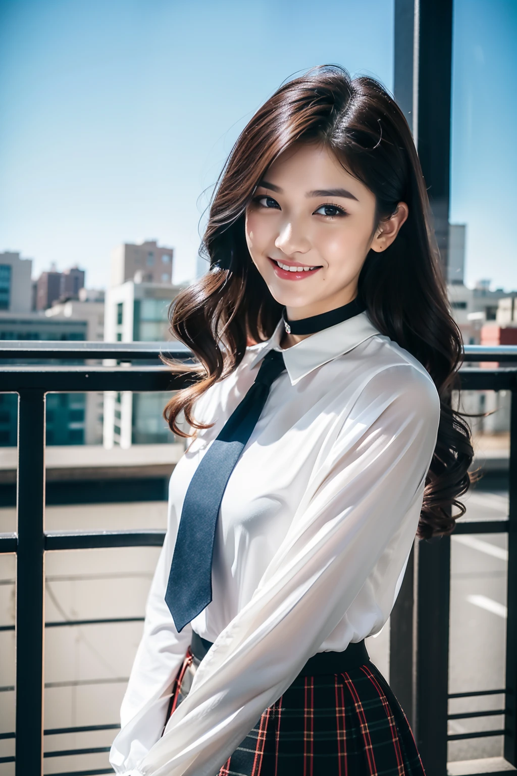 (8K分辨率,Photos above the knee in the distance,offcial art,Cover of a,(FashionMagCover:1.4),attention-grabbing,Title font,Catchy,The title is larger,More eye-catching,modern day),(1womanl,20yr old,(Facial features of Thai Min:1.8,s delicate face),Lovely face,com rosto detalhado,详细的脸,Jet-black slightly curly hair,(Fluffy and messy, with layers),Redlip,Fair smooth skin,(Fashionable casual womenswear:1.4,Black choker,blue skirts,(sleevelessdress(thin and light,breathable),pleatedskirt(obi strip,Delicate satin),Cardigans,Short waist long version,collared shir,Formal shirts,校服,a skirt,Loose tie,plaid skirts,black lence stockings),Tall and tall,walk,Embrace nature,perfect hand,Ultra-fine clothing material),(Background in the city,Exquisite environmental details,MagazineCover:1.4),(exhilarated,confident smile,Rejoice),(Cover clapping,profesional lighting,动态照明),((Strong color contrast,(black in color,blue colors,red colour))),(Golden section,Cover of a,Hasselblad photograp,tmasterpiece:1.3),(trendsetting,focus-on,Fashionab,Dynamic street art,Art platform)