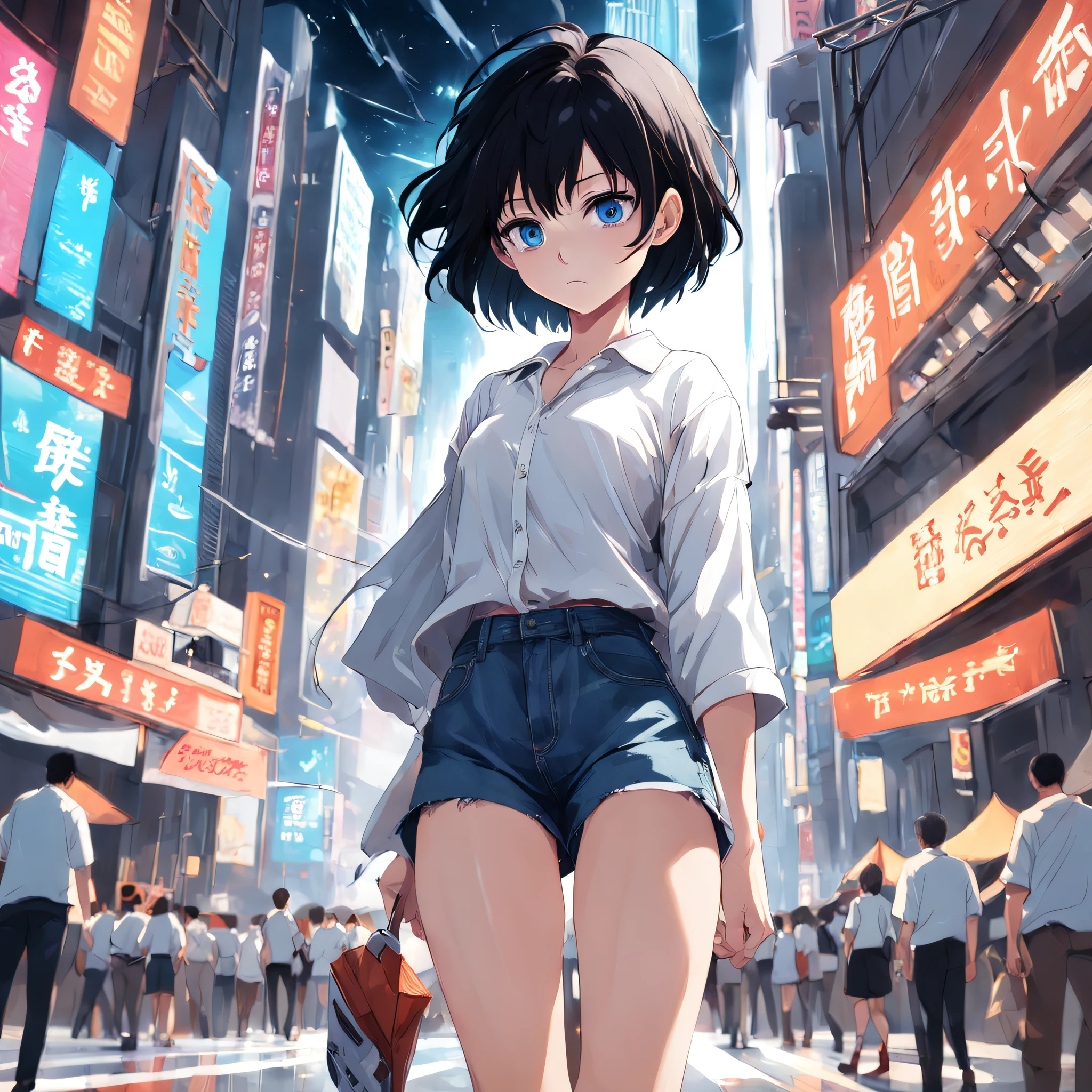 1girl, short black hair, blue eyes, wearing plain white shirt, denim shorts, city, absurdres, high res, ultrasharp, 8K, masterpiece, looking at viewer