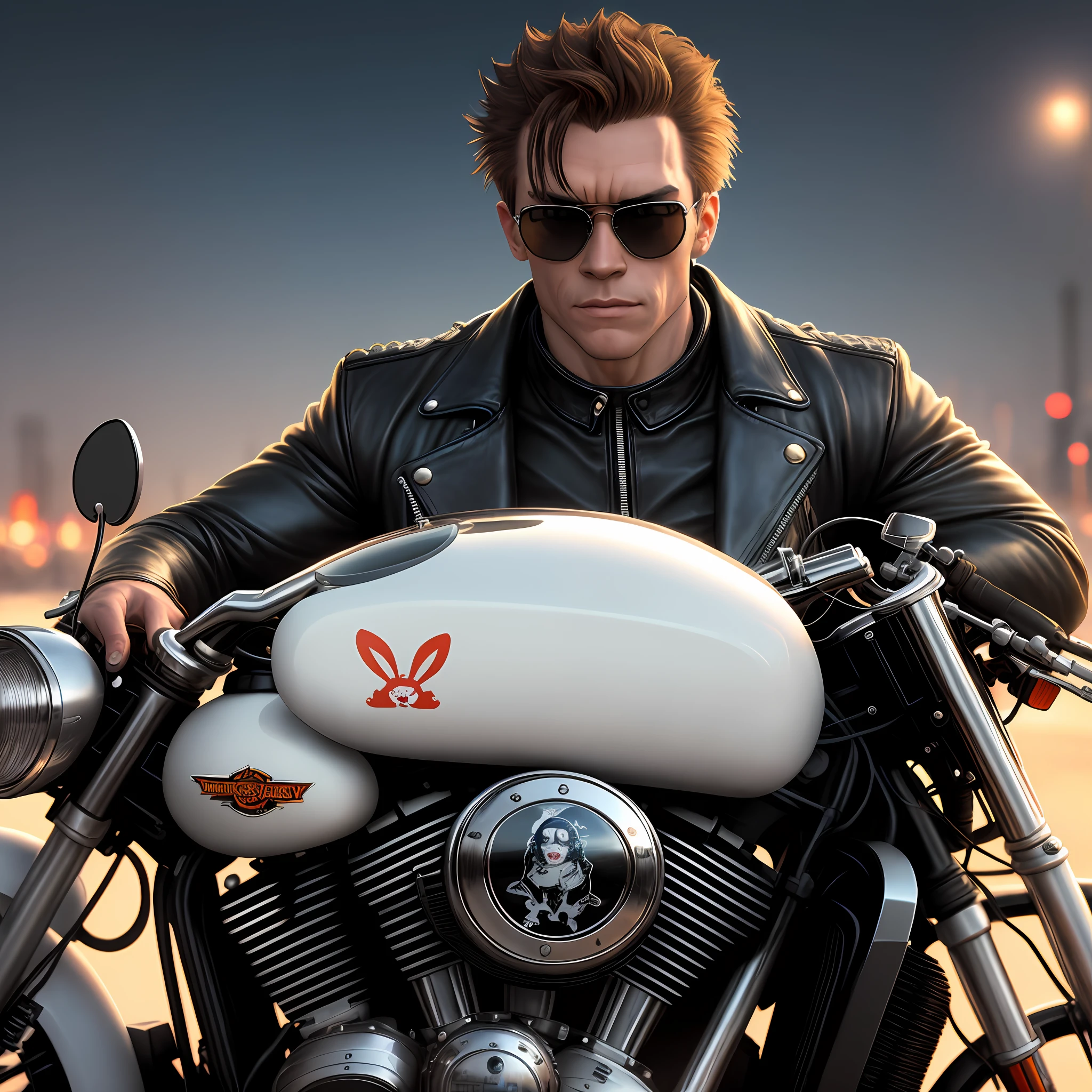 "Terminator from the Future (with a white rabbit head), 8K - realistic/details - wearing a black leather jacket, dark sunglasses - muscular, well-defined body - riding a dark Harley Davidson motorcycle."