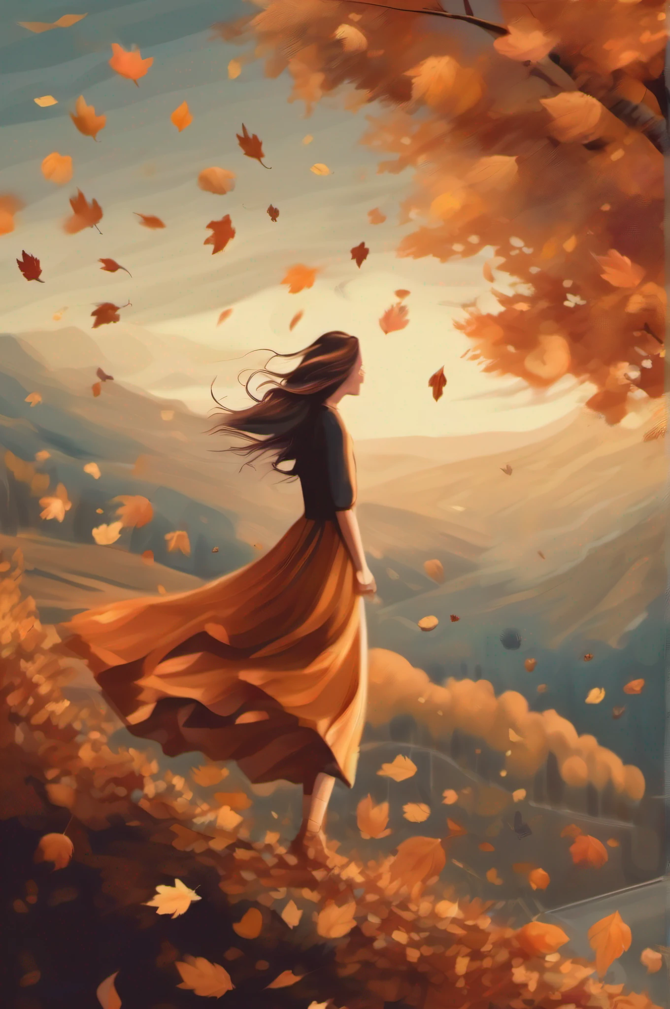 A girl misses her lover in the autumn breeze,Autumn scene,Beautiful and romantic,minimal style,Out of focus,illustration,falling leaf,detail-rich,depth of fields,originality,down view,aerial shot