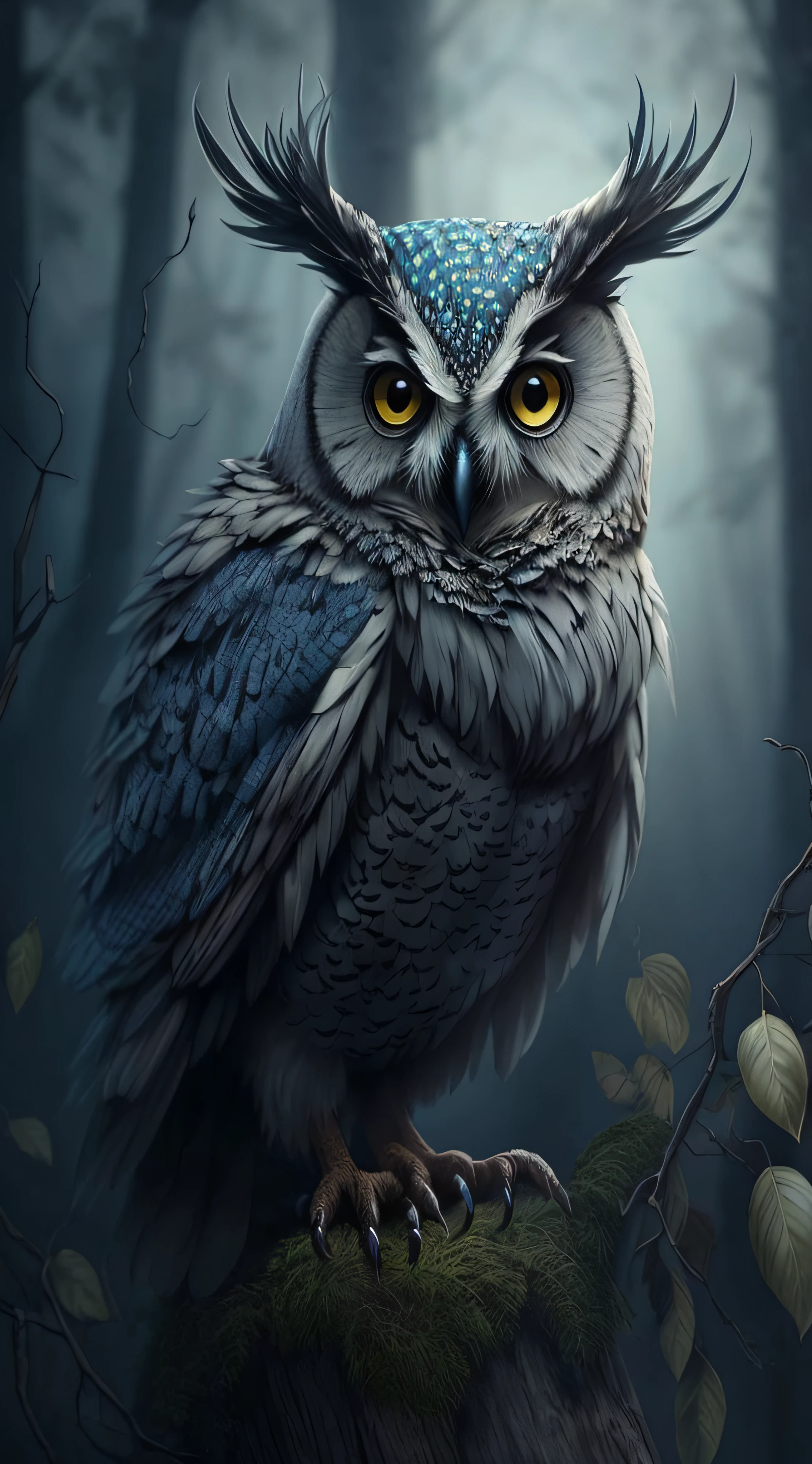 a blue-eyed owl sitting on a tree stump, mistura entre um! Coruja e lobo, the wisest of all owls, Highly detailed illustration, 8k arte detalhada de alta qualidade, coruja incandescente, realistic illustration, arte digital altamente detalhada, Penas de coruja, Grande arte digital com detalhes, Arte digital escura, mas detalhada, arte digital altamente detalhada, altamente detalhado realista