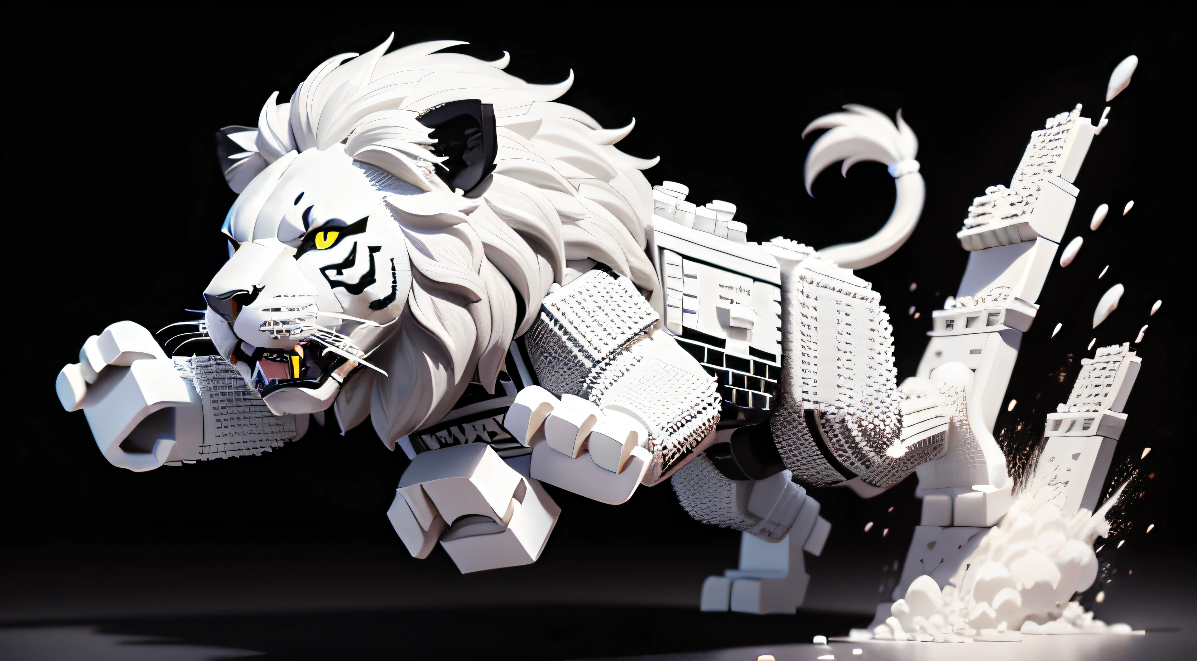 Black and white lion out of legos,jumping,happy ,at lego land ,its fine ink line art, black and white comic style, manga art style, black and white coloring , no gradient , vertor style ,funny , cute ,no gray colour , use one colour, white colour background ,party ,low poly, pixel art