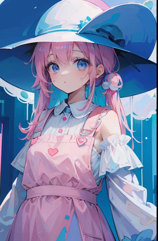 light pink colored hair，Light sky blue magic hat，Pink, White and blue clothes，The overall appearance is milky white，It is a holy and clean，White and flawless，Cute loli sweet girl