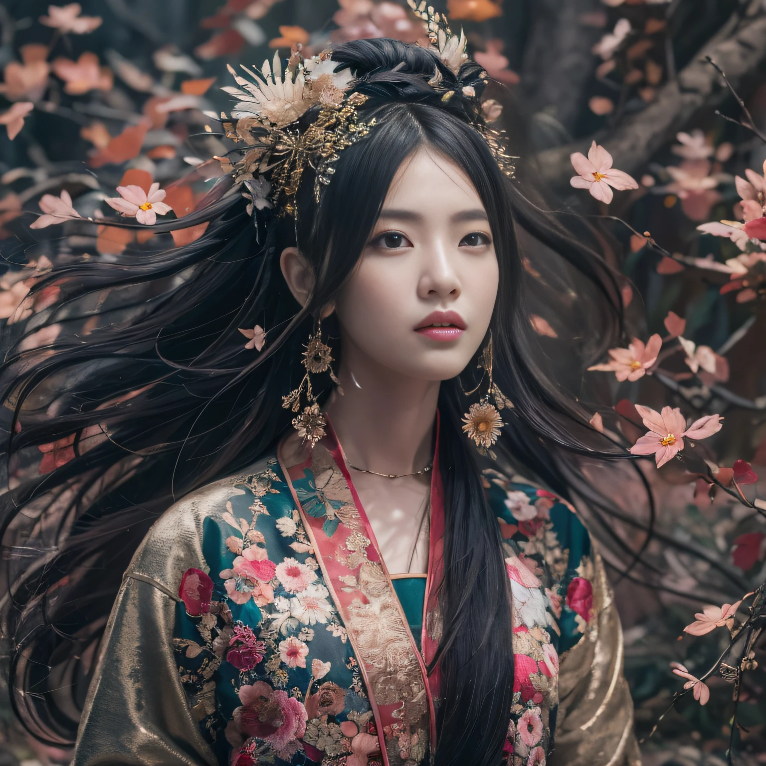 32K(tmasterpiece,k hd,hyper HD,32K)Long flowing black hair,ponds,zydink, a color, Asian people (Silly girl), (Silk scarf), Combat posture, looking at the ground, long whitr hair, Floating hair, Carp pattern headdress, Chinese long-sleeved clothing, (abstract ink splash:1.2), Pink petal background,Daisies fly(realisticlying:1.4),Black color hair,Fallen leaves flutter,The background is pure, A high resolution, the detail, RAW photogr, Sharp Re, Nikon D850 Film Stock Photo by Jefferies Lee 4 Kodak Portra 400 Camera F1.6 shots, Rich colors, ultra-realistic vivid textures, Dramatic lighting, Unreal Engine Art Station Trend, cinestir 800,Long flowing black hair