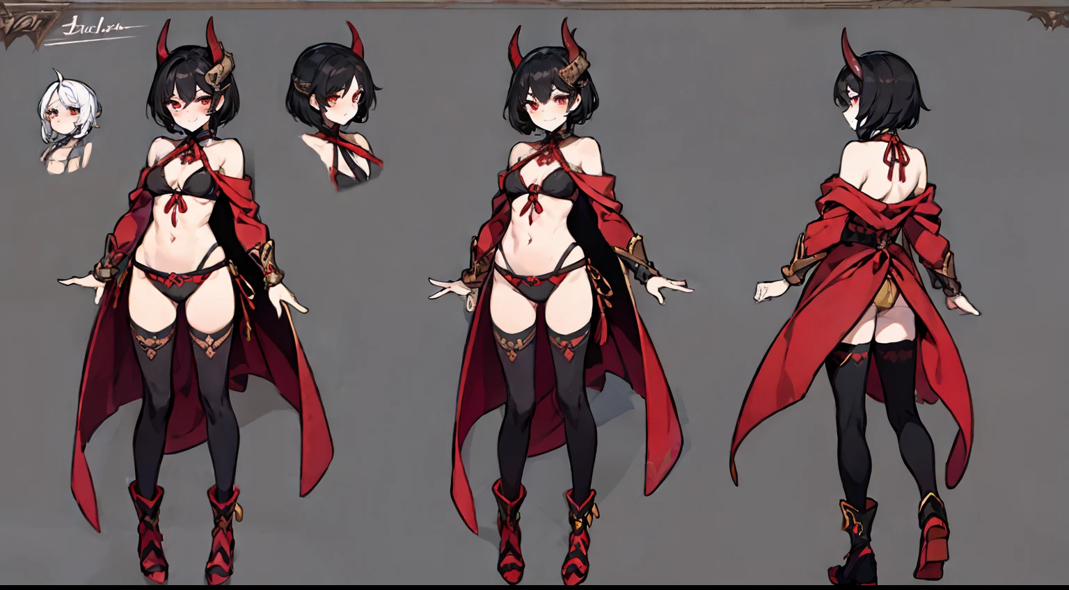 （（tmasterpiece）），（（（best qualtiy））），（character design sheet，Same role，frontage，Lateral face，on  back），1girl，独奏，Short black hair，tiny horns，bucktooth，red eyes，tmasterpiece，best qualtiy，looking around a corner，full bodyesbian，Height 160cm，A detailed，ssmile，Bikini costume with cape，Red rope，Chains as accessories，Charturnbetalora，concept-art，concept art of character，Character sketches，reference sheet，Role table，（simplebackground，white backgrounid： 1.3)