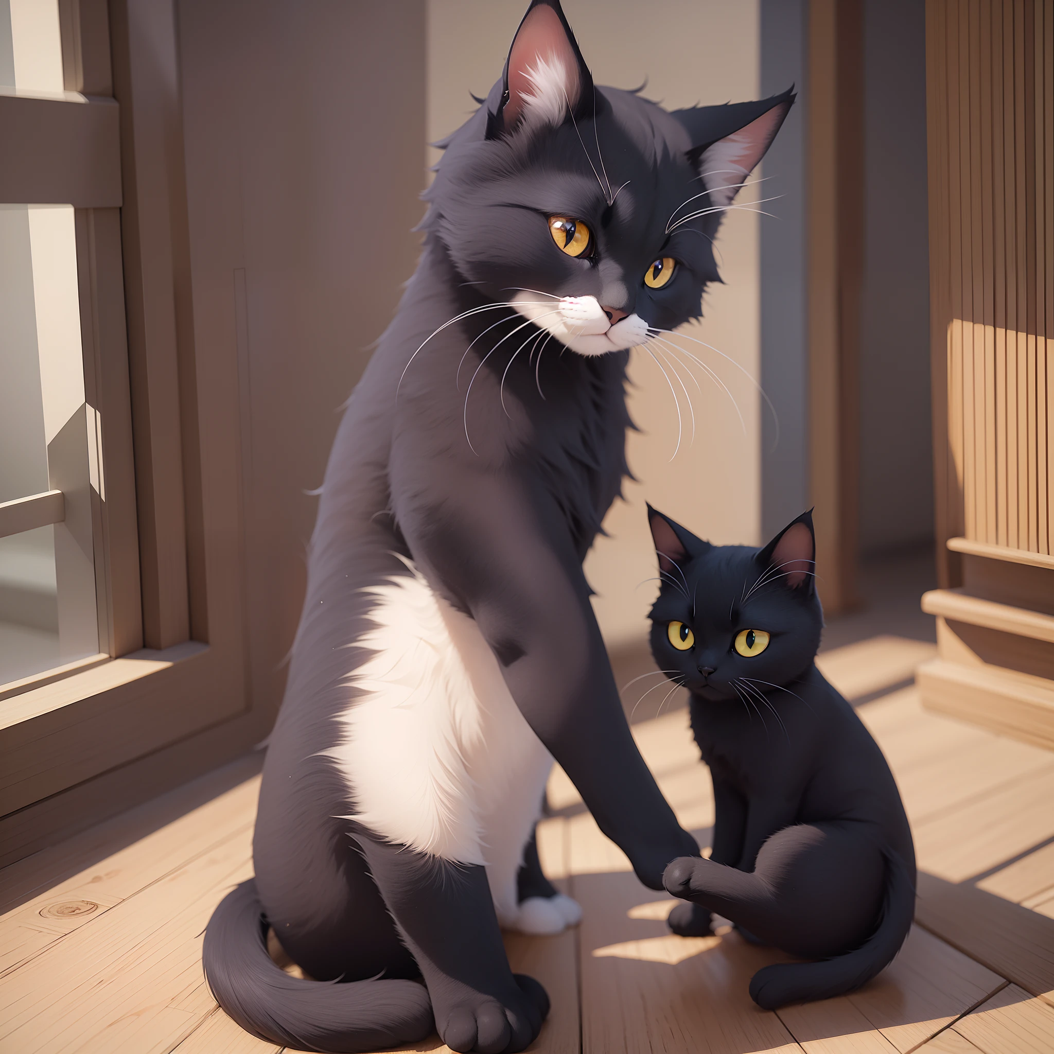 (Anime Pictures、top-quality)、masterpiece、extremely delicate and beautiful、nffsw、Unity、2k wallpaper、astonishing、8K Wallpapers、ultra-detailliert、hight resolution、(One black cat、Black hair all over the body)、full body Esbian、sitting on、Diagonally facing forward、Looking at the camera、Soft light、Cute Deformed Cat、Yellow mesh、Cartoonish big eyes