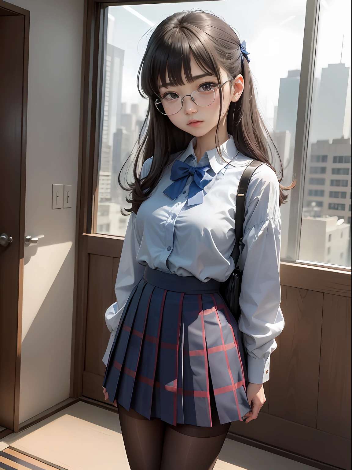 (8K、Raw photography、top-quality、masterpiece:1.2),watching at viewers,Looking at the front,side poneyTail,Bullish,Muchimuchi,Erotic,Pupils,Light Blue Bra,de pele branca,kne,(Black pantyhose),absurderes,a small face,small tits,flat breast,Parting the bangs from the middle、Forehead visible,(a cold expression,Tight eyes,glares,Bullish,skinny,Rasping,irate)、masterpiece,top-quality、超A high resolution,Raw photo,ren,Beautiful fece,One Person, 独奏,eye glass,,Dark look,Small breasts,fullllbody,Round glasses、cute little、Back to Student,JK school uniform,hi-school girl,A Japanese Lady,is standing,(Photorealsitic:1.37)、Photon mapping,Realistic、Cute little face,Brown-eyed、Black socks、(Red bow tie)、Radio City、Physically Based Rendering、Foreground、depth of fields、Blurry background、a picture,The girls、Body,beauty legs, Long legs, Thin leg,Tie your hair into one strand on your chest,(Bangs are visible), hair, s lips, Blue_The eye, nosesoft,(Light blue shirt), (Navy and blue and white plaid pleated skirt), Knees are visible,Sheer clothing,, Thigh, Black cotton socks,Nogizaka Idol, 女優, Japanese ido