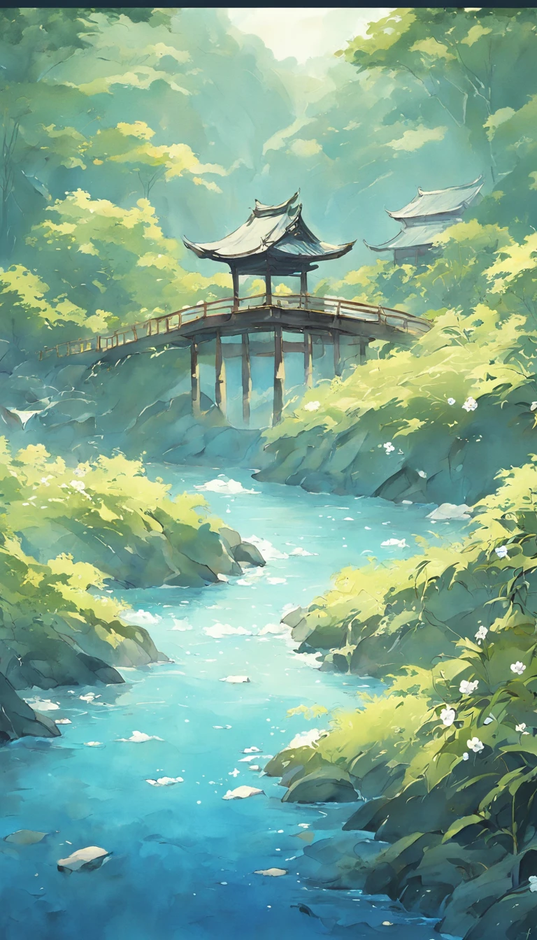There is a blue bowl，It has white flowers on it,A river，There are reeds on the shore，Japan pottery, Chinese traditional landscape painting，Paper creation