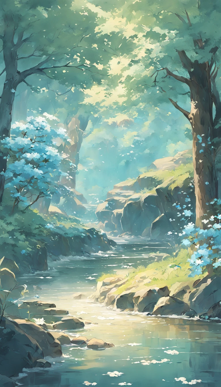 There is a blue bowl，It has white flowers on it,A river，There are reeds on the shore，Japan pottery, Chinese traditional landscape painting，Paper creation