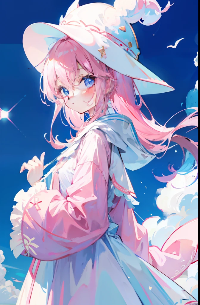 light pink colored hair,Light sky blue magic hat,Pink, White and blue clothes,The overall appearance is milky white,It is a sacred and clean,White and flawless,Cute sweet girl
