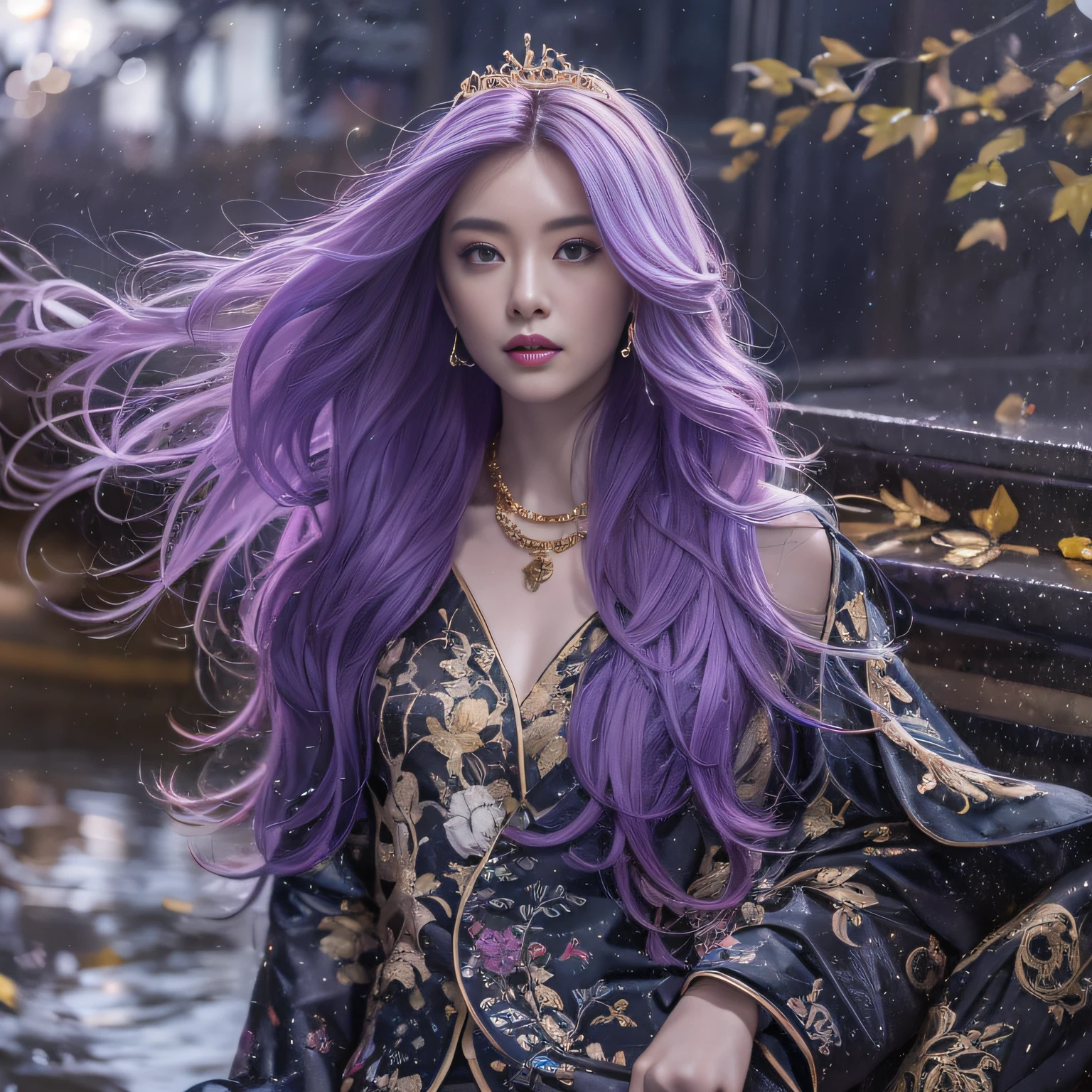 32K(tmasterpiece,k hd,hyper HD,32K)Long flowing bright purple hair,Autumn Pond,zydink, a color, Asian people (Silly girl), (Silk scarf), Combat posture, looking at the ground, long whitr hair, Floating bright purple, Fire cloud pattern gold tiara, Chinese long-sleeved gold silk garment, (abstract ink splash:1.2), white backgrounid,Lotus protector(realisticlying:1.4),Bright purple hair,Smoke on the road,The background is pure, A high resolution, the detail, RAW photogr, Sharp Re, Nikon D850 Film Stock Photo by Jefferies Lee 4 Kodak Portra 400 Camera F1.6 shots, Rich colors, ultra-realistic vivid textures, Dramatic lighting, Unreal Engine Art Station Trend, cinestir 800,Long flowing bright purple hair