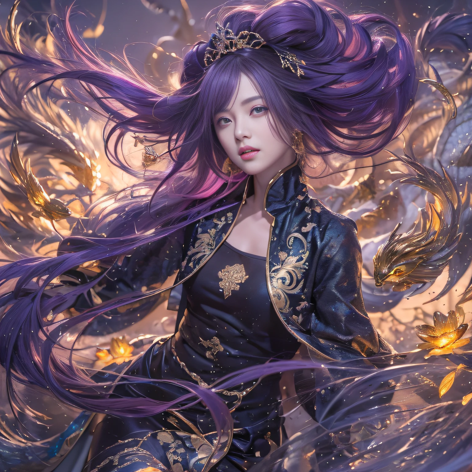 32K（tmasterpiece，k hd，hyper HD，32K）Long flowing bright purple hair，Autumn Pond，zydink， a color，  Asian people （Silly girl）， （Silk scarf）， Combat posture， looking at the ground， long whitr hair， Floating bright purple， Fire cloud pattern gold tiara， Chinese long-sleeved gold silk garment， （abstract ink splash：1.2）， white backgrounid，Lotus protector（realisticlying：1.4），Bright purple hair，Smoke on the road，The background is pure， A high resolution， the detail， RAW photogr， Sharp Re， Nikon D850 Film Stock Photo by Jefferies Lee 4 Kodak Portra 400 Camera F1.6 shots, Rich colors, ultra-realistic vivid textures, Dramatic lighting, Unreal Engine Art Station Trend, cinestir 800，Long flowing bright purple hair