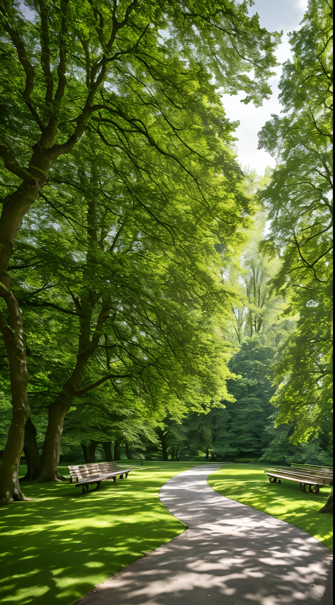 tmasterpiece,super detailing,best qualtiy,Perfectcomposition,A high resolution,natural soft light,Photographic realism style,SLR shooting effect,8K。Summer woods,A large tree by the stream,lawns,garden,benches,Woods in the distance,Sunny breeze