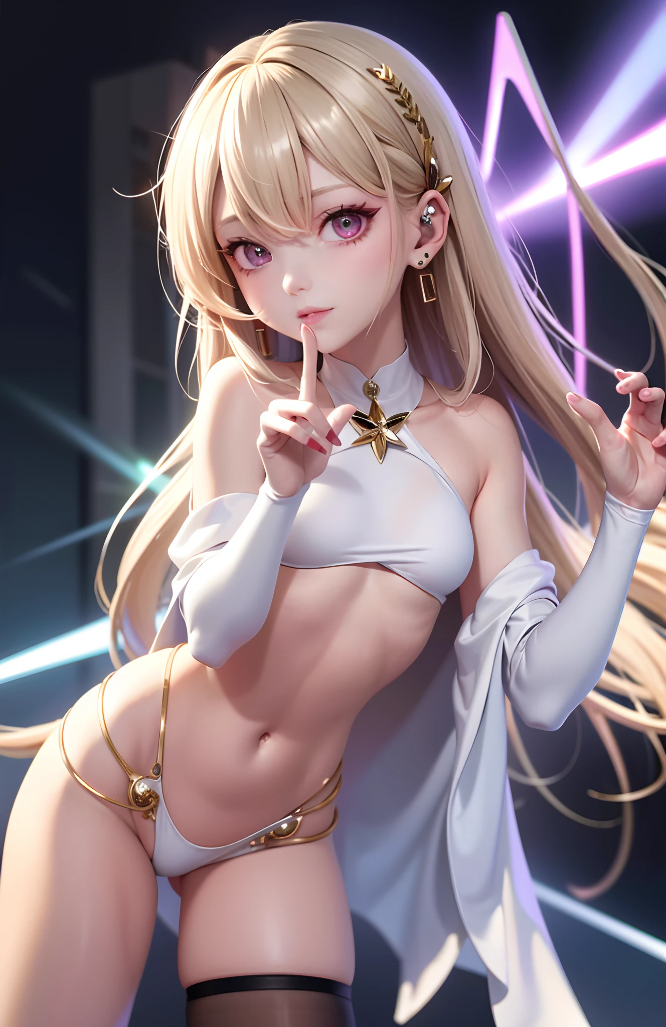 optimum，tmasterpiece，A high resolution，best qualtiy，hyper HD，super detailing，Award-Awarded，16k，独奏，（The upper part of the body），anatomy correct，Beautiful cyberpunk girl，cute  face，，Gradient Beige Hair，Hairline，（（Scarlet eyes）），long eyelasher，Hanging eye corners，White skin of the，（small boobs），（Slim body），（（Women's ultra-short shawl jacket）），（（tutu）），ear studs，（neck rings），（Laser material clothing：1.2）