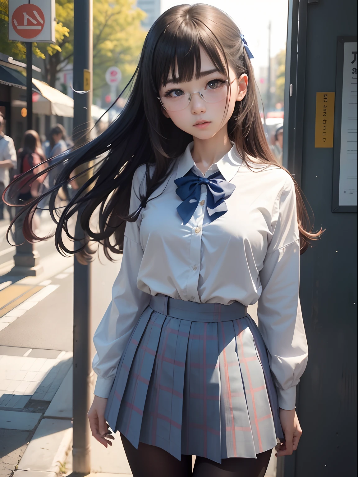 (8K、Raw photography、top-quality、masterpiece:1.2),watching at viewers,Looking at the front,side poneyTail,Bullish,Muchimuchi,Erotic,Pupils,Light Blue Bra,de pele branca,kne,(Black pantyhose),absurderes,a small face,small tits,flat breast,Parting the bangs from the middle、Forehead visible,(a cold expression,Tight eyes,glares,Bullish,skinny,Rasping,irate)、masterpiece,top-quality、超A high resolution,Raw photo,ren,Beautiful fece,One Person, 独奏,eye glass,,Dark look,Small breasts,fullllbody,Round glasses、cute little、Back to Student,JK school uniform,hi-school girl,A Japanese Lady,is standing,(Photorealsitic:1.37)、Photon mapping,Realistic、Cute little face,Brown-eyed、Black socks、(Red bow tie)、Radio City、Physically Based Rendering、Foreground、depth of fields、Blurry background、a picture,The girls、Body,beauty legs, Long legs, Thin leg,Tie your hair into one strand on your chest,(Bangs are visible), hair, s lips, Blue_The eye, nosesoft,(Light blue shirt), (Navy and blue and white plaid pleated skirt), Knees are visible,Sheer clothing,, Thigh, Black cotton socks,Nogizaka Idol, 女優, Japanese ido