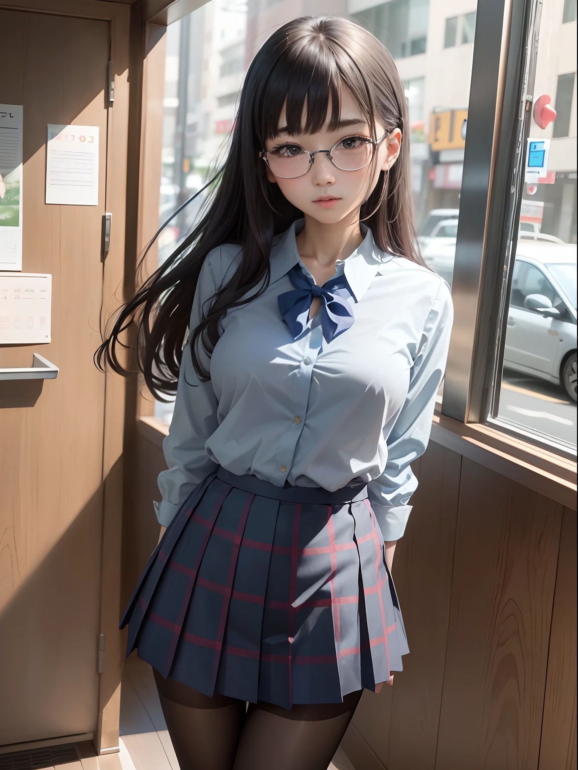 (Long ponytail),(Underwear is visible),(Open the crotch fully open,Open the legs in an M-shape),（8K、Raw photography、top-quality、​masterpiece：1.2),Blue Panties,pigeon chest,glamor,Chromo-white skin,cocky,School,watching at viewers,Looking at the front,Muchimuchi,High-pitched clothing,Erotic,Pupils,de pele branca,kne,absurderes,a small face,,Forehead visible,Bangs hanging from the left and right sides of the forehead,(a cold expression,Tight eyes,glares,Bullish,irate)、​masterpiece,top-quality、超A high resolution,Raw photo,ren,Beautiful fece,One Person, 独奏,eye glass,,Dark look,Small breasts,fullllbody,Round glasses,JK school uniform,hi-school girl,A Japanese Lady,（Photorealsitic：1.37）、Photon mapping,Realistic、Beautie,Cute little face,Brown-eyed、Black socks、(Red bow tie)、Radio City、Physically Based Rendering、depth of fields、Blurry background、a picture,Body,beauty legs, Long legs, Thin leg,(Bangs are visible), hair, s lips, Blue_The eye, nosesoft,(Light blue shirt), (Navy and blue and white plaid pleated skirt), Knees are visible,Sheer clothing,, Thigh, Black cotton socks,Nogizaka Idol, 女優, Japanese ido