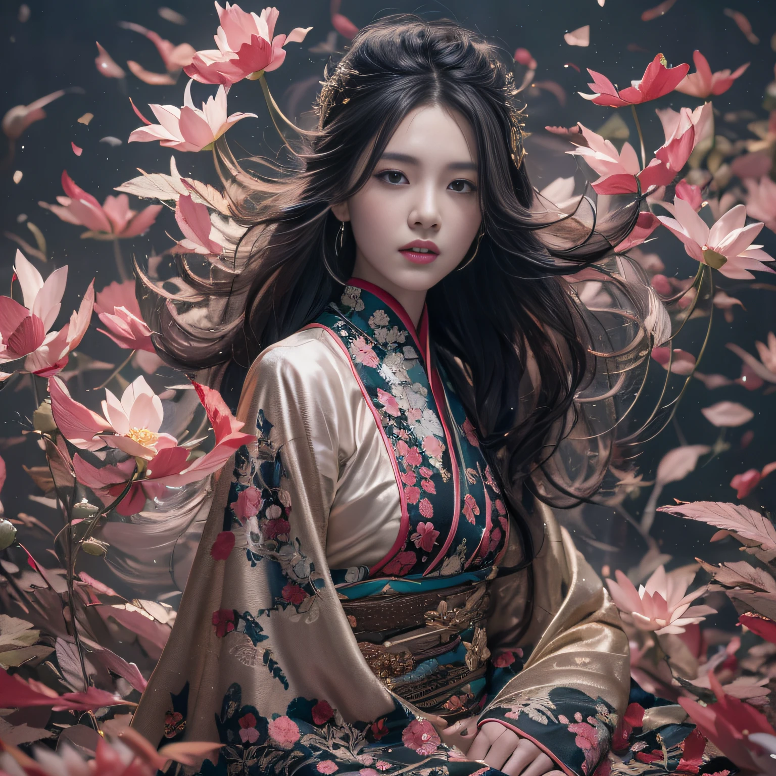 32K（tmasterpiece，k hd，hyper HD，32K）Long flowing black hair，ponds，zydink， a color，  Asian people （Silly girl）， （Silk scarf）， Combat posture， looking at the ground， long whitr hair， Floating hair， Carp pattern headdress， Chinese long-sleeved clothing， （abstract ink splash：1.2）， Pink petal background，Pink and white lotus flowers fly（realisticlying：1.4），Black color hair，Fallen leaves flutter，The background is pure， A high resolution， the detail， RAW photogr， Sharp Re， Nikon D850 Film Stock Photo by Jefferies Lee 4 Kodak Portra 400 Camera F1.6 shots, Rich colors, ultra-realistic vivid textures, Dramatic lighting, Unreal Engine Art Station Trend, cinestir 800，Long flowing black hair
