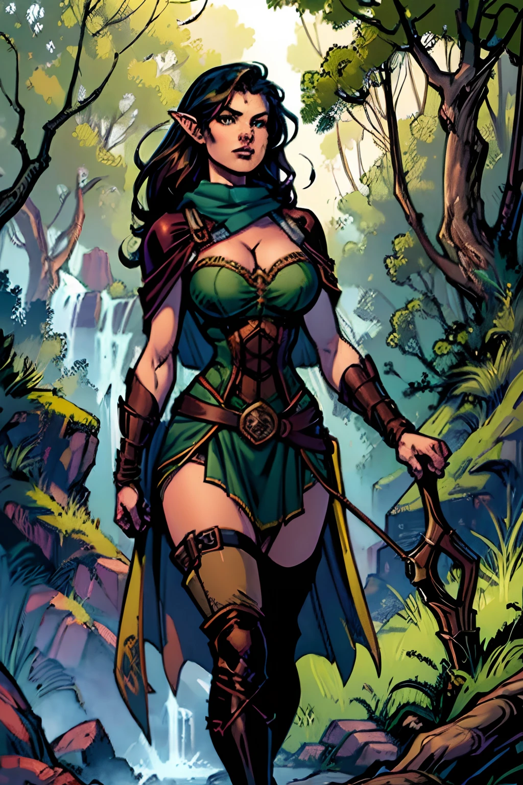 (masterpiece, top quality, best quality, official art, beautiful and aesthetic:1.2), (1girl:1.3), dark brown hair in a single braid, extremely detailed, portrait, looking at viewer, solo, (full body:0.6), detailed background, close up, cat eyes, (warm summer forest theme:1.1), elf ranger, charlatan, smirk, mysterious, walking in forest, revealing ranger attire, brown leather, cowl, cloak, corset, long boots, buckles, straps, pouches, bow and arrow, green fabric, brown leather, gigantic breasts, slim waist, slim hips, long legs, medieval (forest exterior:1.1) background, dark mysterious lighting, shadows, magical atmosphere, dutch angle