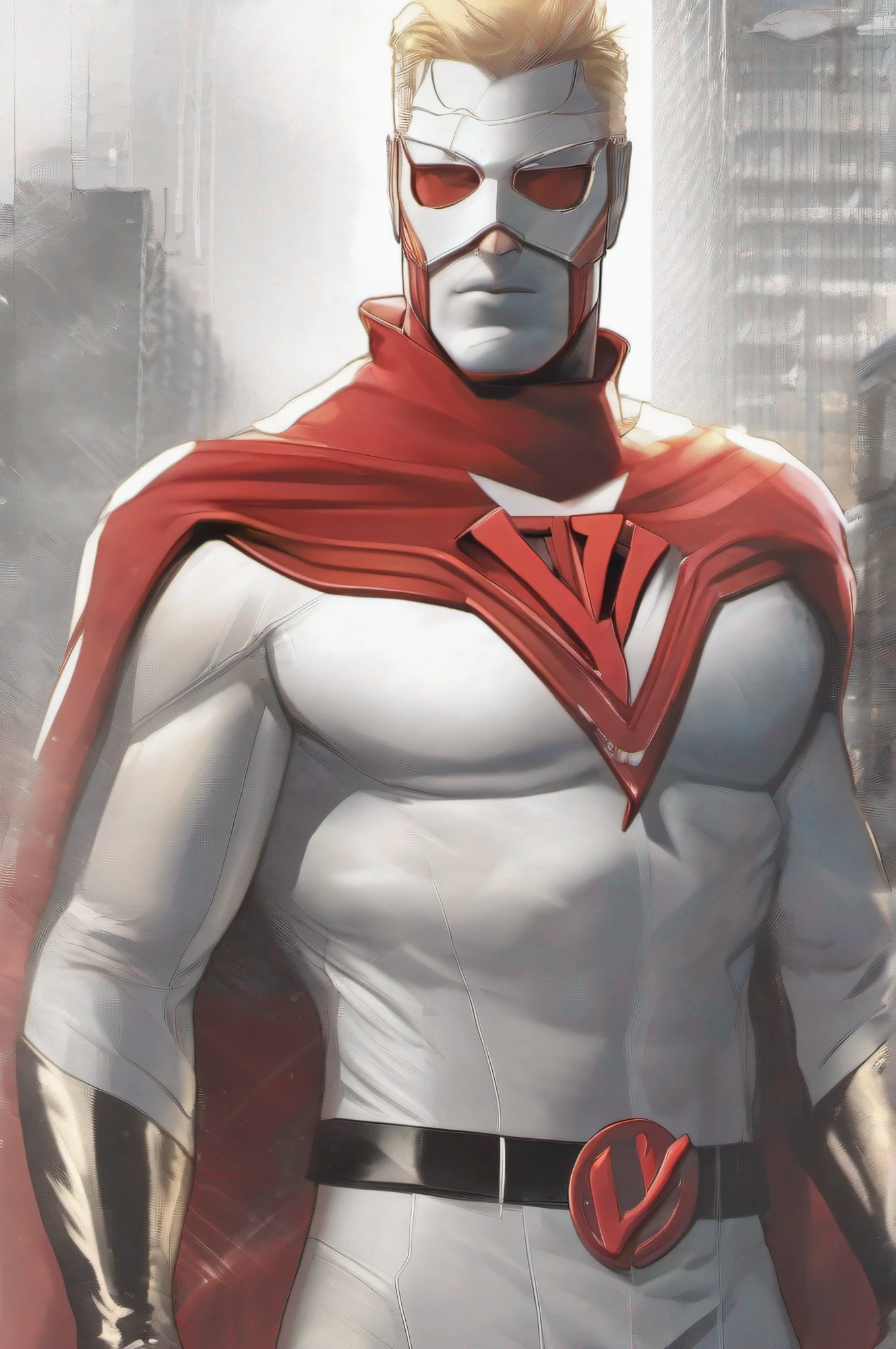 white mask type hollow eyes, nose and hollow mouth, male superhero, in white uniform, 
red details, red cape, red boots and gloves, white mask type hollow eyes, 
nose and hollow mouth, with blond hair showing, symbol of a letter V on the chest. --ar 7_11 --u. --ar 7_11 --u, comic book.