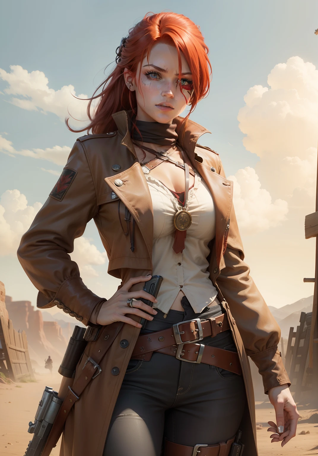 A wild west red haired female gunslinger with an eye patch in the left eye