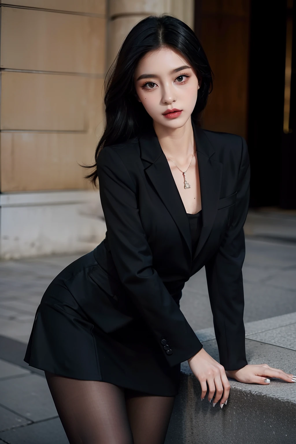 An urban beauty shows people with a generous and fashionable image,Her grim face,Perfect upturned nose,perfect lips,exquisite face,She paired it with a slim suit,Show her bravery、The confident side。Her makeup is exquisite,Elegant heels and stylish accessories perfectly complement her temperament,Wear a short skirt,Black tights,high-heels,Tall figure,Gorgeous necklace,A compact watch