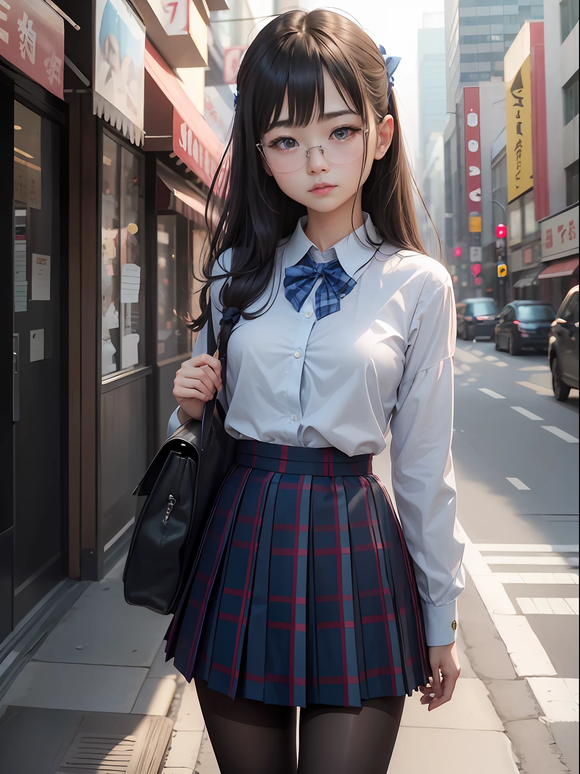 （8K、Raw photography、top-quality、​masterpiece：1.2),watching at viewers,Looking at the front,side poneyTail,Bullish,Muchimuchi,Erotic,Pupils,Light Blue Bra,de pele branca,kne,(Black pantyhose),absurderes,a small face,small tits,flat breast,Parting the bangs from the middle、Forehead visible,(a cold expression,Tight eyes,glares,Bullish,skinny,Rasping,irate)、​masterpiece,top-quality、超A high resolution,Raw photo,ren,Beautiful fece,One Person, 独奏,eye glass,,Dark look,Small breasts,fullllbody,Round glasses、cute little、Back to Student,JK school uniform,hi-school girl,A Japanese Lady,is standing,（Photorealsitic：1.37）、Photon mapping,Realistic、Cute little face,Brown-eyed、Black socks、(Red bow tie)、Radio City、Physically Based Rendering、Foreground、depth of fields、Blurry background、a picture,The girls、Body,beauty legs, Long legs, Thin leg,Tie your hair into one strand on your chest,(Bangs are visible), hair, s lips, Blue_The eye, nosesoft,(Light blue shirt), (Navy and blue and white plaid pleated skirt), Knees are visible,Sheer clothing,, Thigh, Black cotton socks,Nogizaka Idol, 女優, Japanese ido