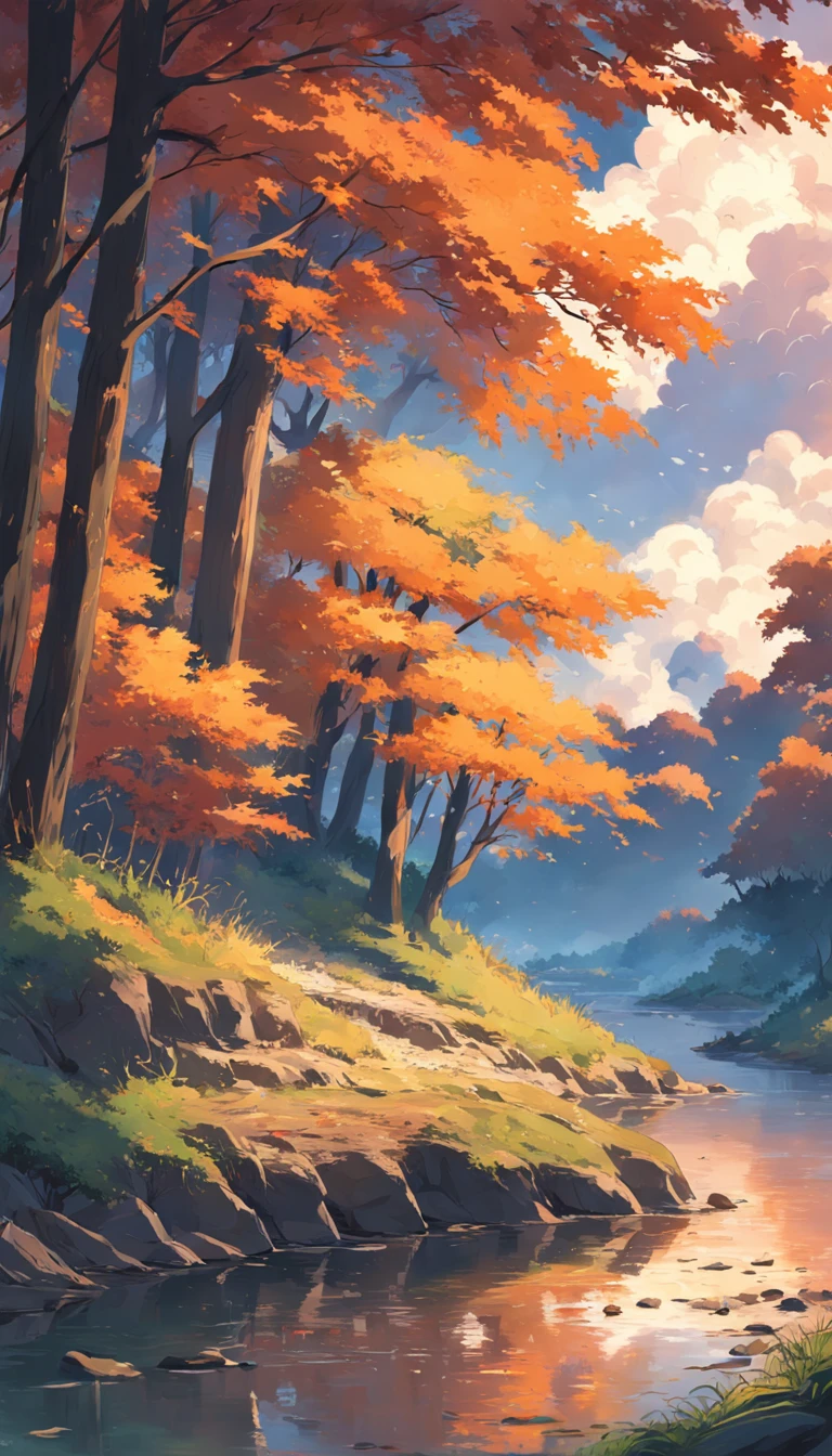 A river,There are reeds on the shore,An autumn scene