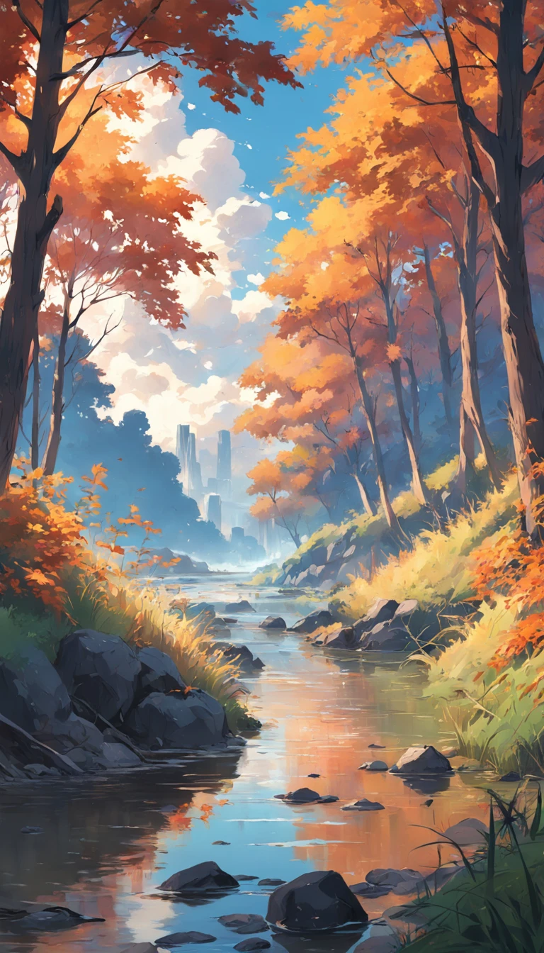 A river,There are reeds on the shore,An autumn scene