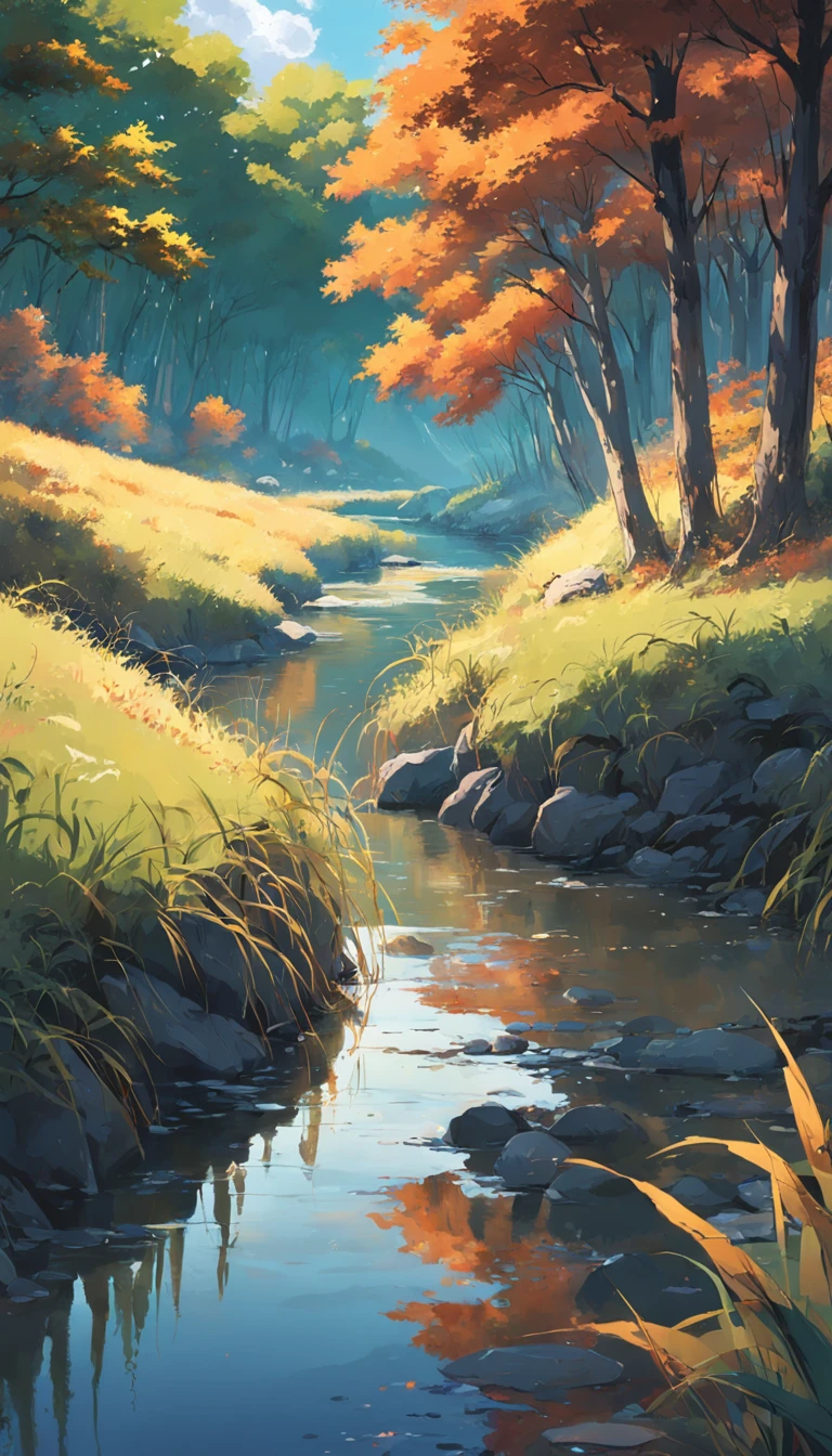 A river,There are reeds on the shore,An autumn scene