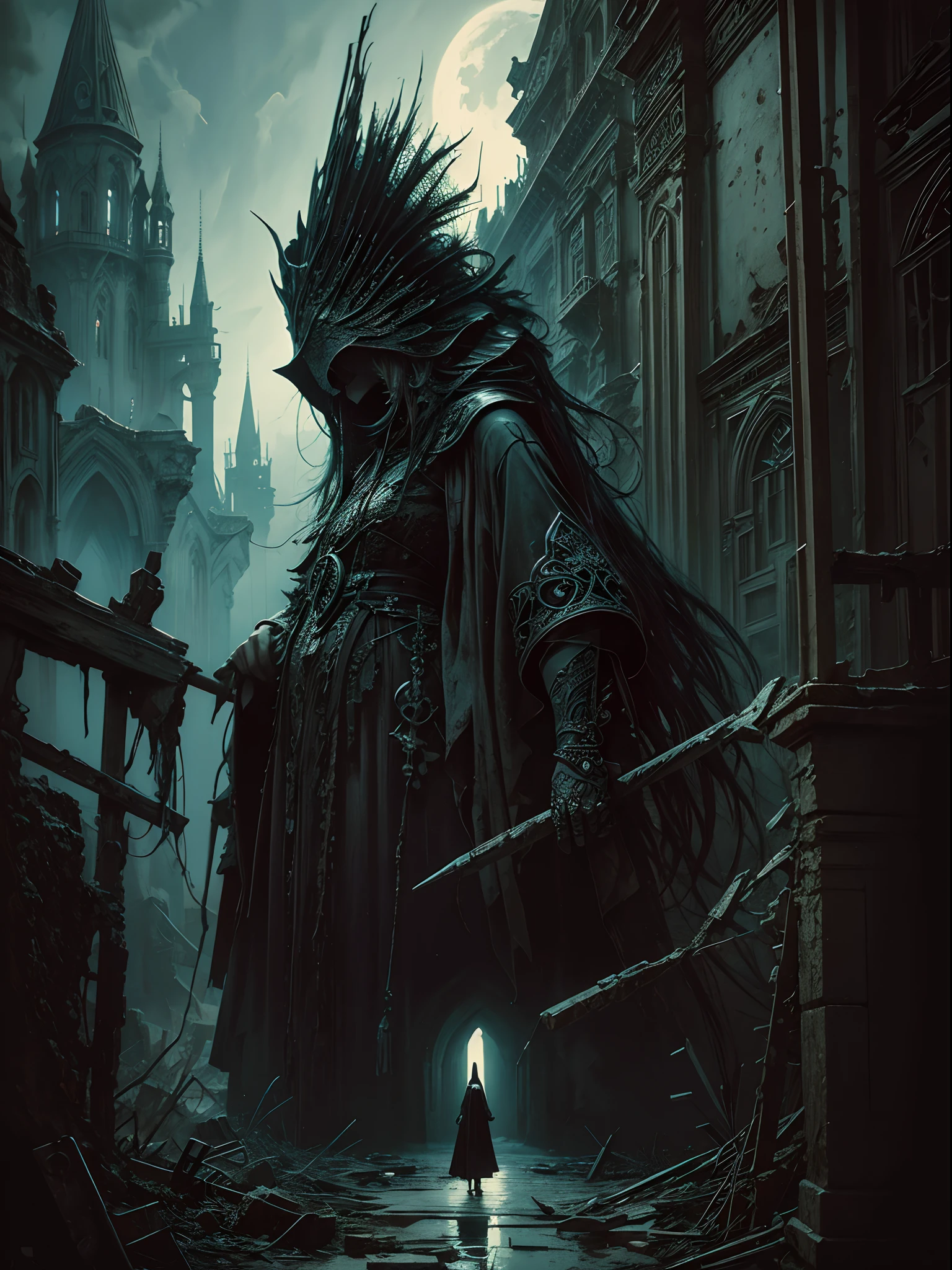 close up view of a (sks woman:1) walking inside an abandoned castle, horror, intricate details, high contrast, (artwork by Beksinski, methurlant),