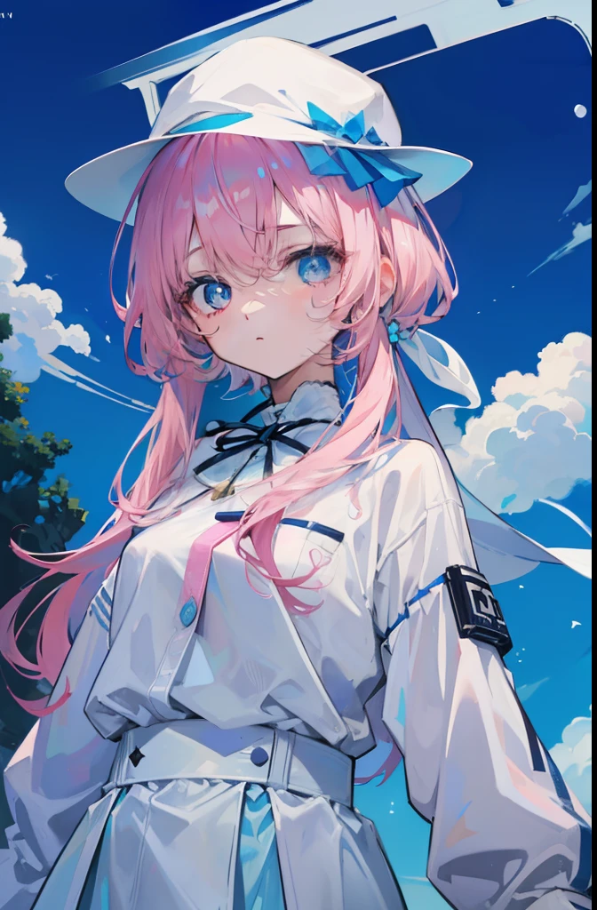 light pink colored hair,Powder-blue pupils,Powder, blue and white clothes,White and flawless sweet girl