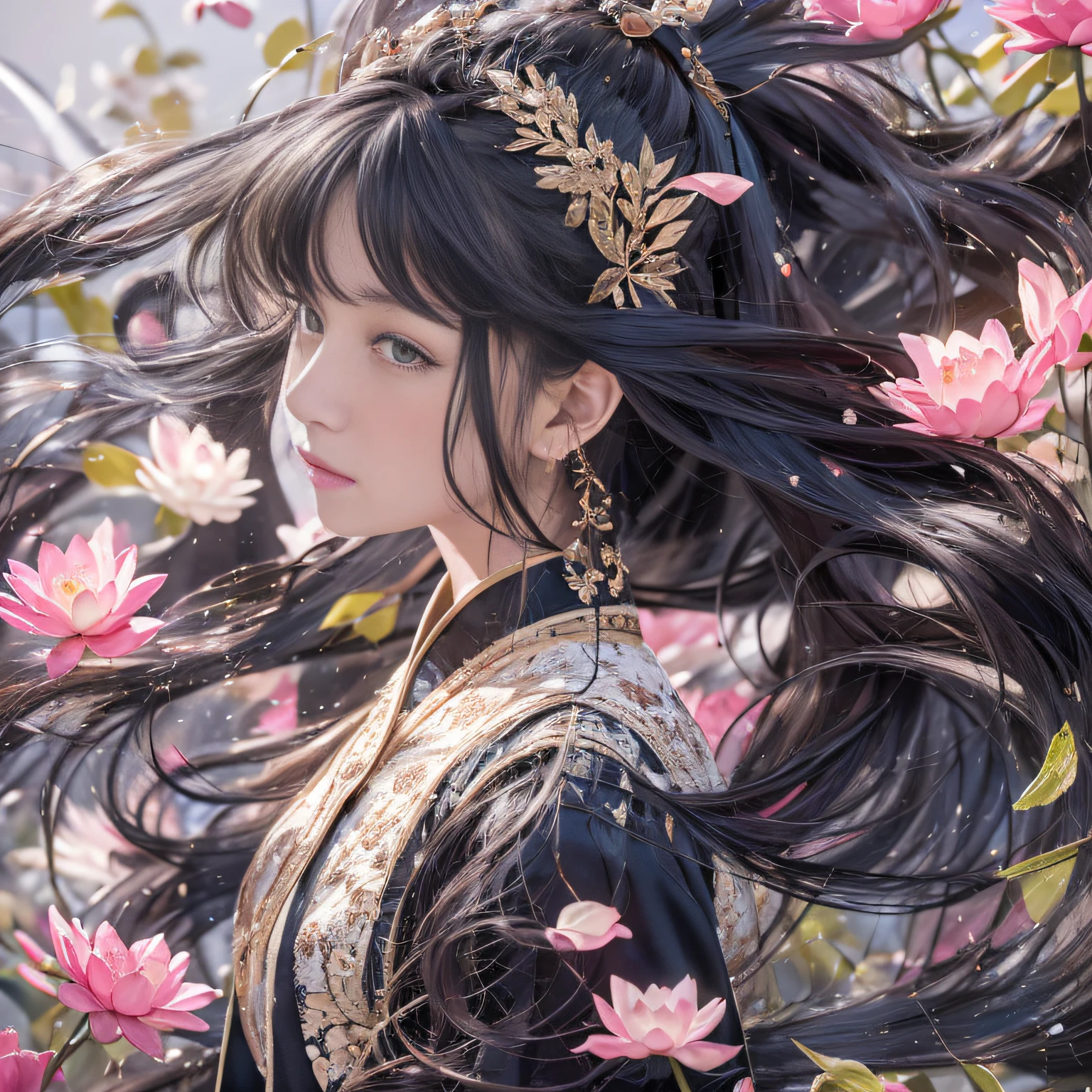 32K（tmasterpiece，k hd，hyper HD，32K）Long flowing black hair，ponds，zydink， a color，  Asian people （Silly girl）， （Silk scarf）， Combat posture， looking at the ground， long whitr hair， Floating hair， Carp pattern headdress， Chinese long-sleeved clothing， （abstract ink splash：1.2）， Pink petal background，Pink and white lotus flowers fly（realisticlying：1.4），Black color hair，Fallen leaves flutter，The background is pure， A high resolution， the detail， RAW photogr， Sharp Re， Nikon D850 Film Stock Photo by Jefferies Lee 4 Kodak Portra 400 Camera F1.6 shots, Rich colors, ultra-realistic vivid textures, Dramatic lighting, Unreal Engine Art Station Trend, cinestir 800，Long flowing black hair