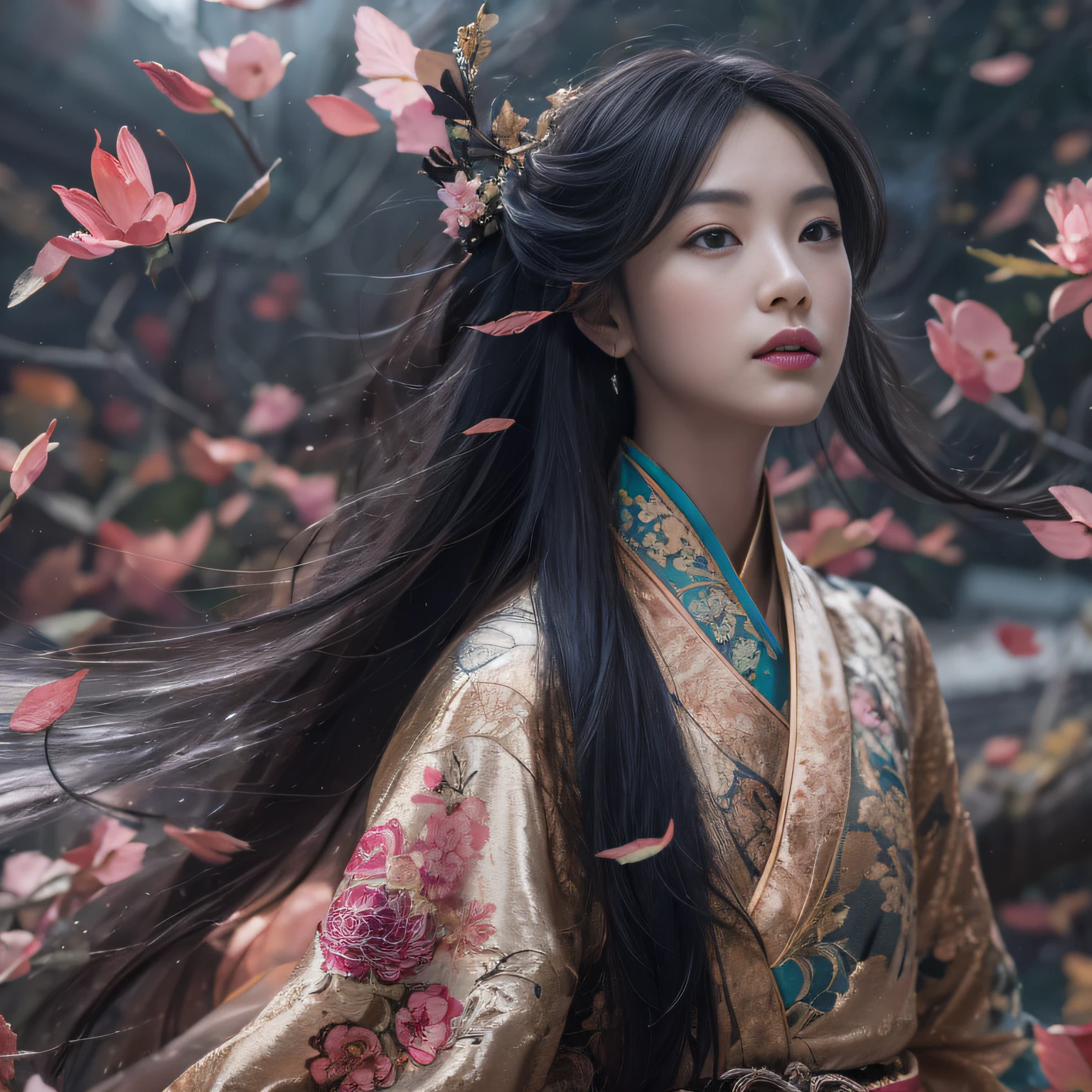 32K(tmasterpiece,k hd,hyper HD,32K)Long flowing black hair,ponds,zydink, a color, Asian people (Silly girl), (Silk scarf), Combat posture, looking at the ground, long whitr hair, Floating hair, Carp pattern headdress, Chinese long-sleeved clothing, (abstract ink splash:1.2), Pink petal background,Pink and white lotus flowers fly(realisticlying:1.4),Black color hair,Fallen leaves flutter,The background is pure, A high resolution, the detail, RAW photogr, Sharp Re, Nikon D850 Film Stock Photo by Jefferies Lee 4 Kodak Portra 400 Camera F1.6 shots, Rich colors, ultra-realistic vivid textures, Dramatic lighting, Unreal Engine Art Station Trend, cinestir 800,Long flowing black hair
