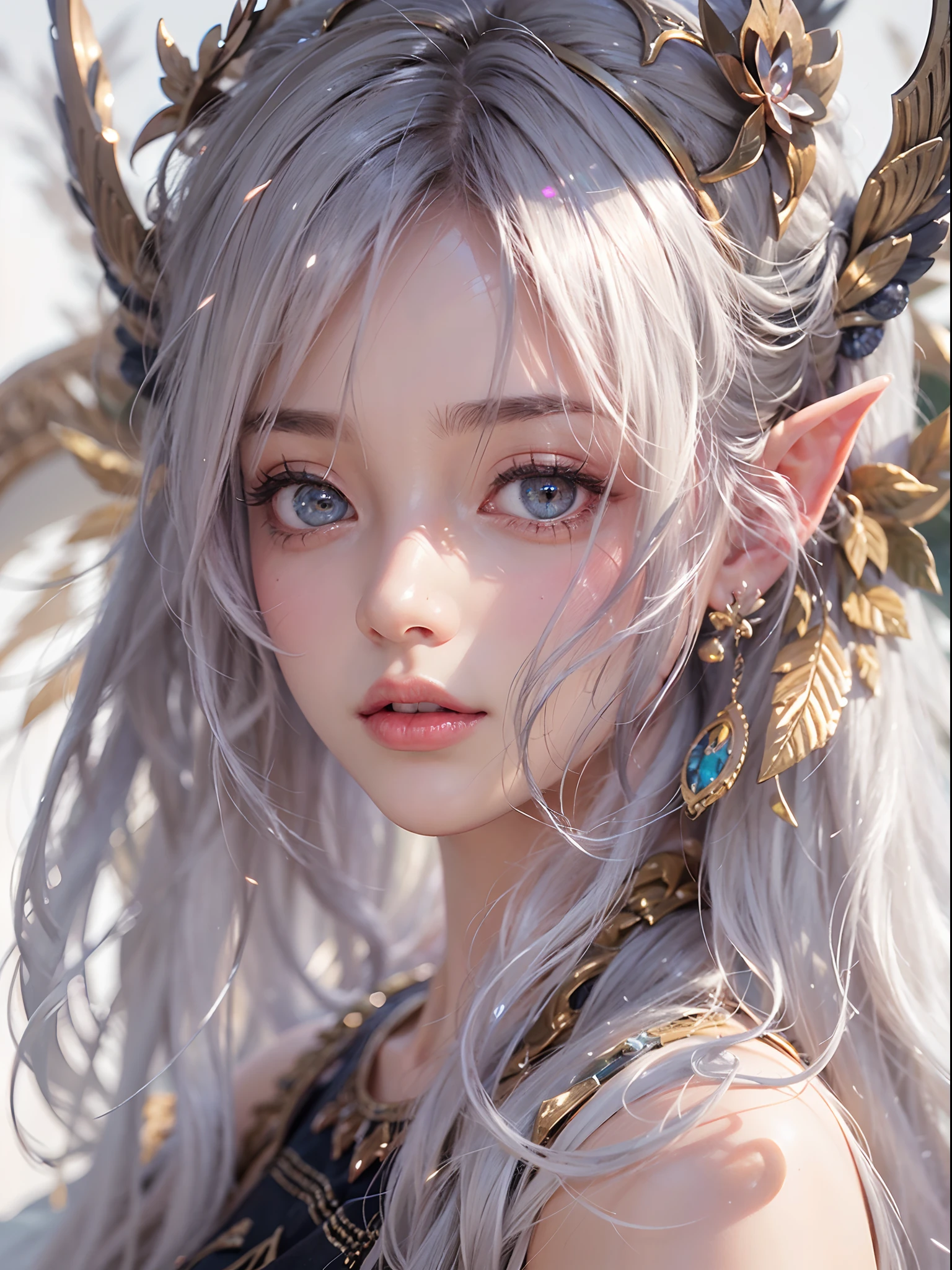 Elf Princess,ln the forest,Platinum hair accessories,(Photorealistic:1.4), (Masterpiece, side-lighting, fine detailed beautiful eyes: 1.2), Masterpiece*Portrait, Realistic, The face is delicate, Glowing eyes, Shiny hair, Shiny real skin, Solo, embarressed, (midriff),(super-fine),Detailed pubic hair,Accurate,(Works of masters),(best qualtiy),8K分辨率,A half body,dynamic viewing angle,